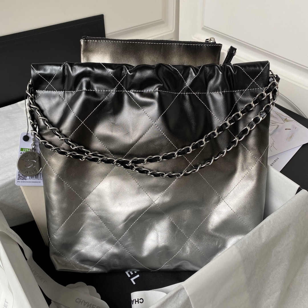 CHANEL 22 SMALL HANDBAG Shiny Calfskin SILVER 13.7*14.4*2.7 in - Image 3