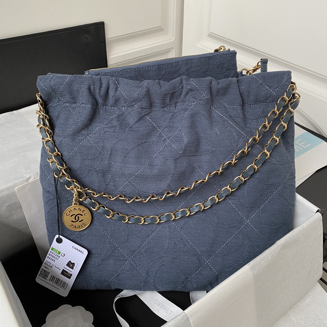 CHANEL 22 SMALL HANDBAG velvet NAVY 13.7*14.4*2.7 in - Image 3