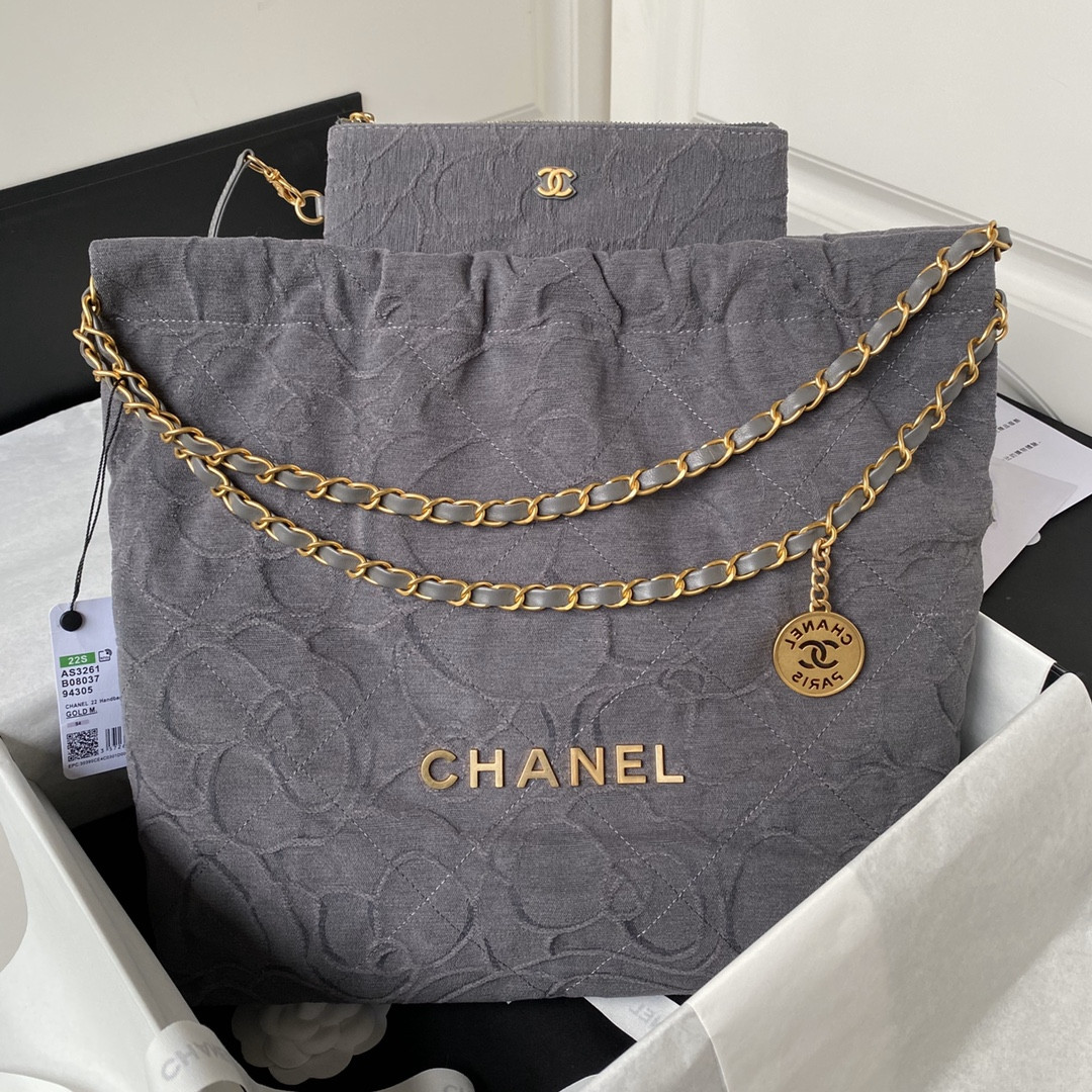 CHANEL 22 HANDBAG velvet GREY 15.21*16.38*3.12 in
