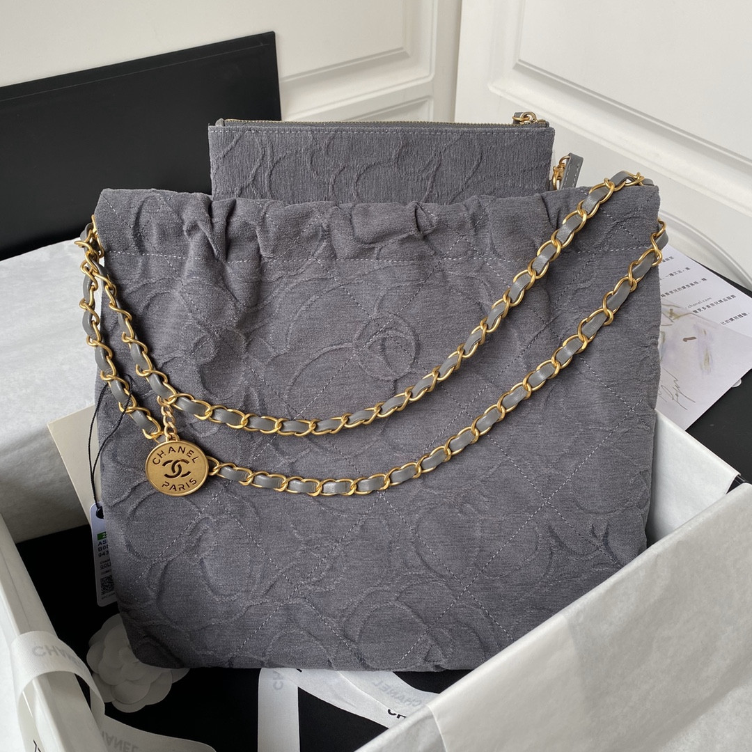 CHANEL 22 SMALL HANDBAG velvet GREY 13.7*14.4*2.7 in - Image 3