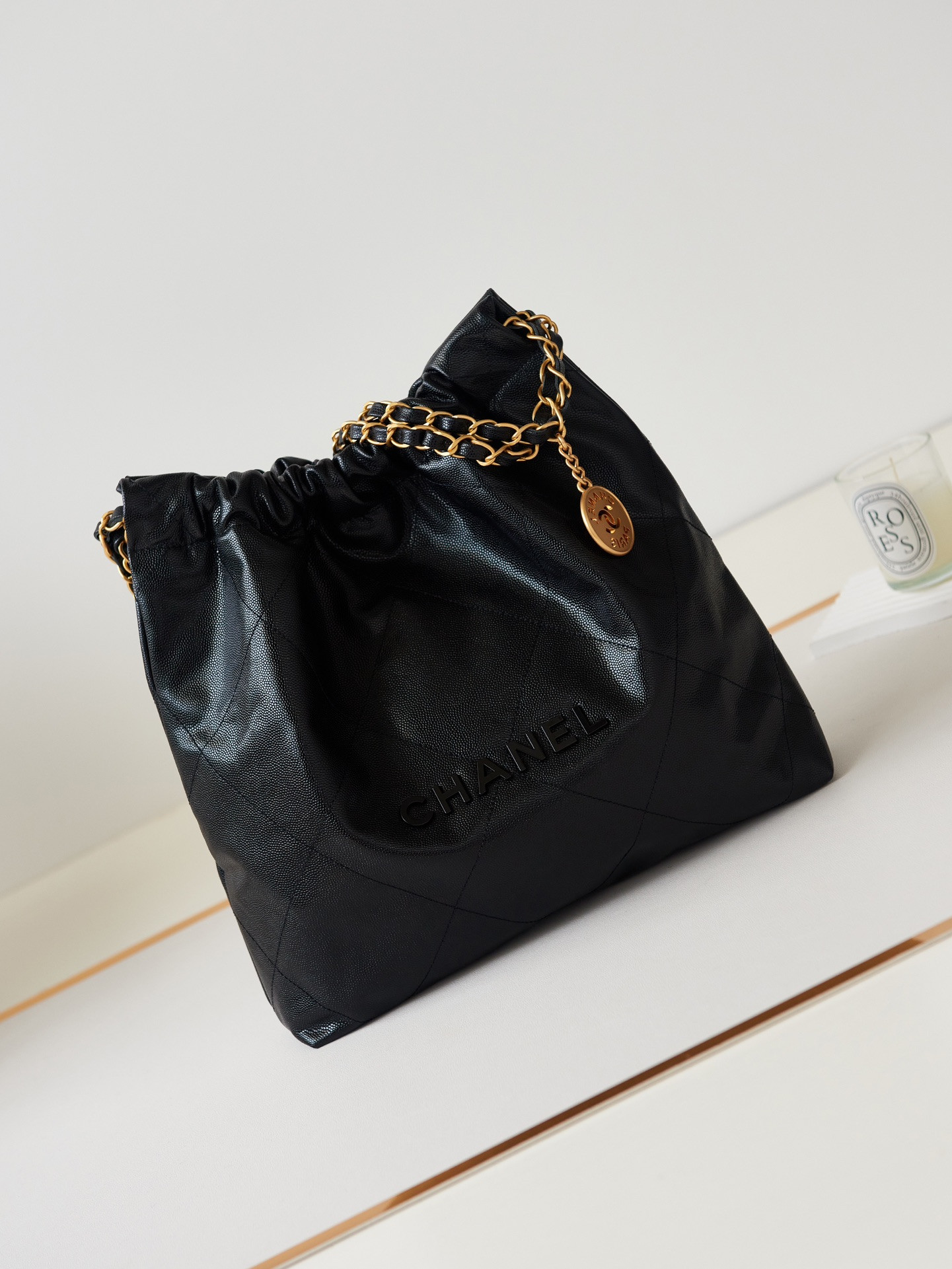 CHANEL 22 SMALL HANDBAG Shiny Calfskin GOLD Metal BLACK 13.7*14.4*2.7 in