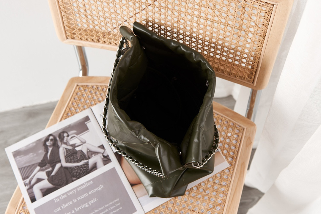CHANEL 22 SMALL HANDBAG Shiny Calfskin SILVER Metal BLACK 13.7*14.4*2.7 in - Image 6
