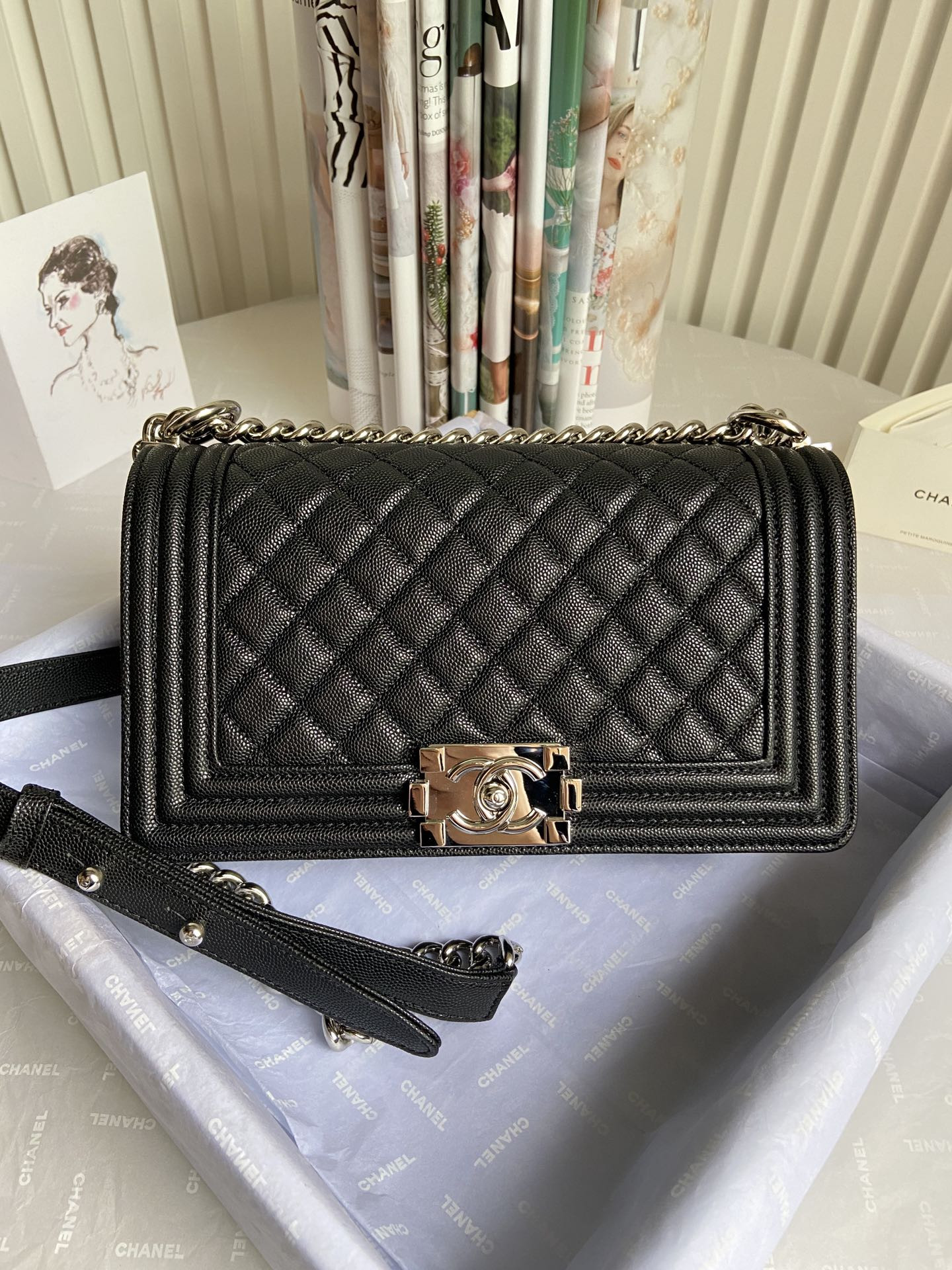 BOY CHANEL HANDBAG Shiny Grained Calfskin Silver-Tone Metal Black 67086(5.9 × 9.8 × 3.5 in) - Image 2
