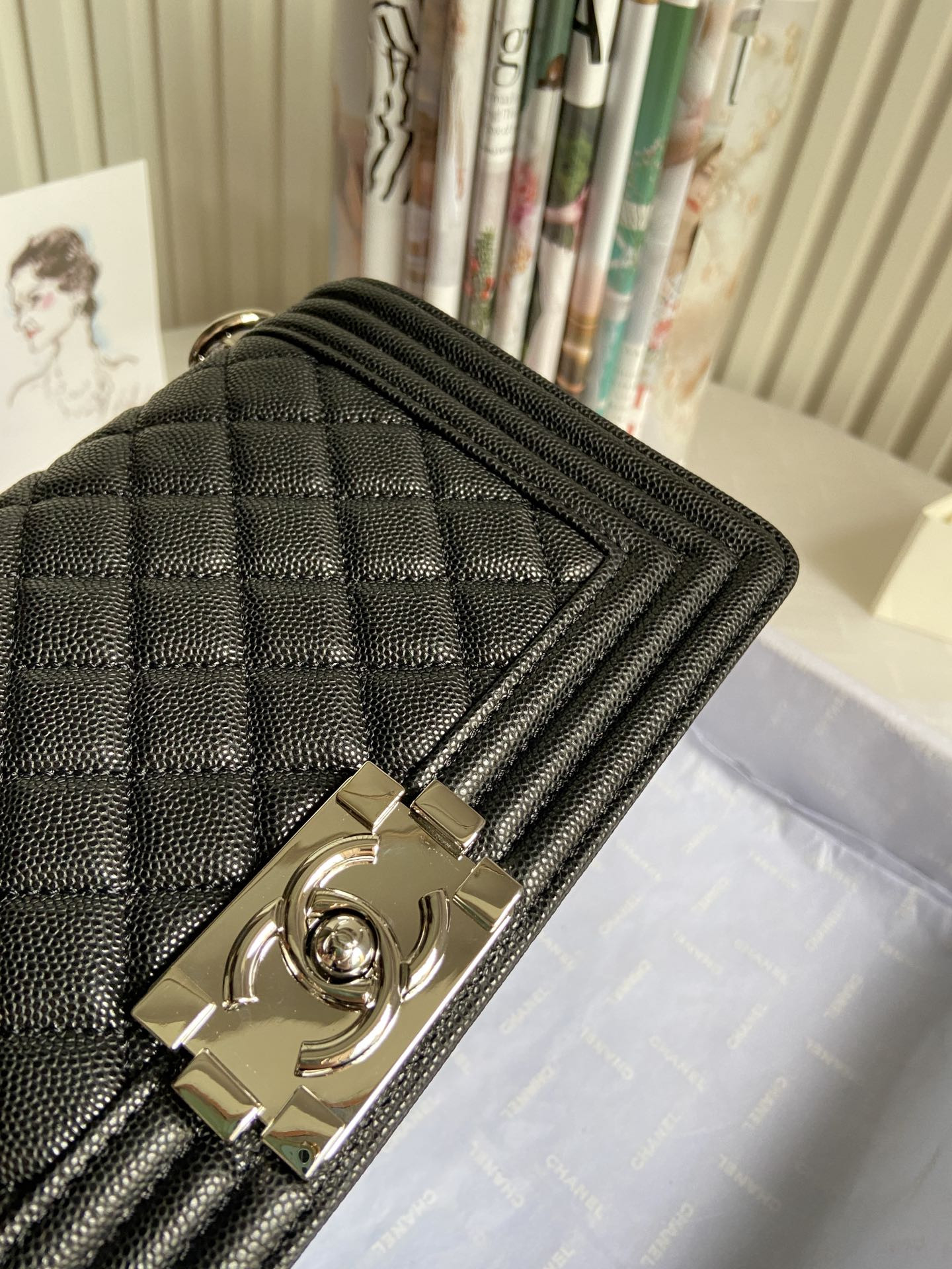 BOY CHANEL HANDBAG Shiny Grained Calfskin Silver-Tone Metal Black 67086(5.9 × 9.8 × 3.5 in) - Image 6