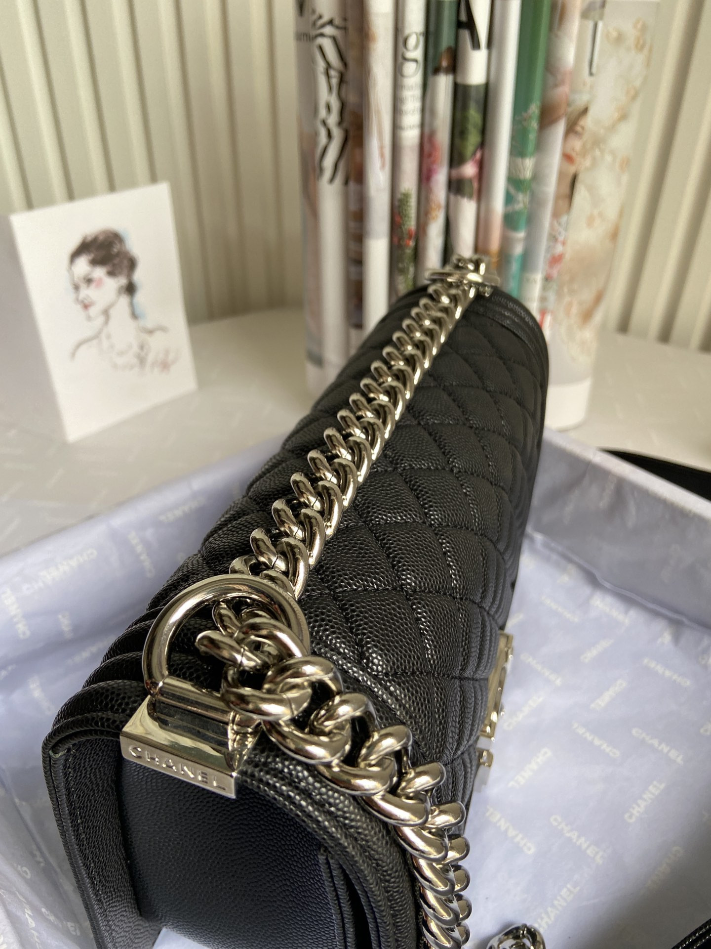 BOY CHANEL HANDBAG Shiny Grained Calfskin Silver-Tone Metal Black 67086(5.9 × 9.8 × 3.5 in) - Image 10