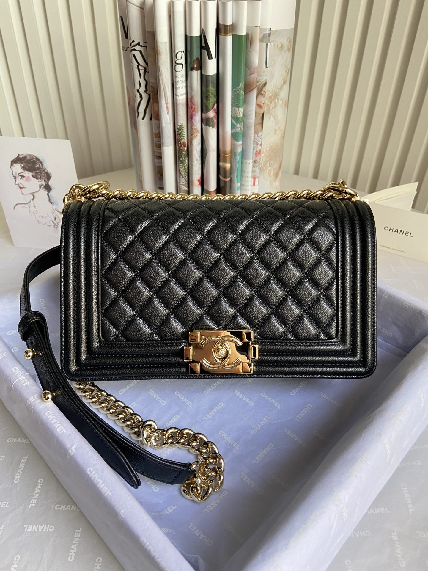BOY CHANEL HANDBAG Shiny Grained Calfskin Black 5.9 × 9.8 × 3.5 in