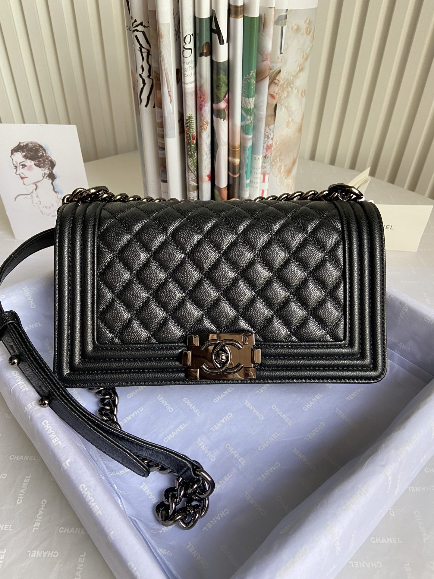 BOY CHANEL HANDBAG Shiny Grained Calfskin Gold-Tone Metal Blue 5.9 × 9.8 × 3.5 in