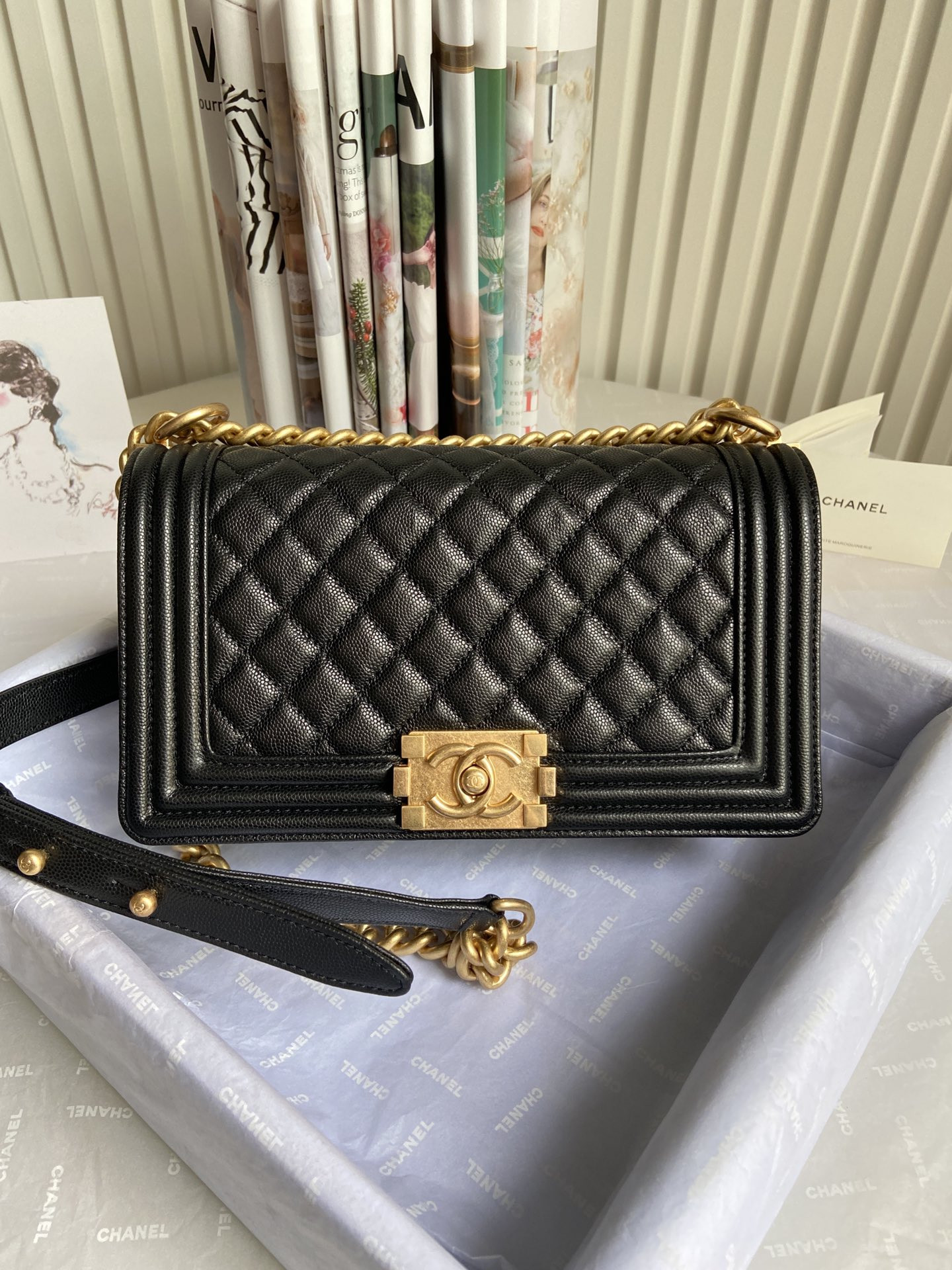 BOY CHANEL HANDBAG Shiny Grained Calfskin Gold-Tone Metal Black 5.9 × 9.8 × 3.5 in