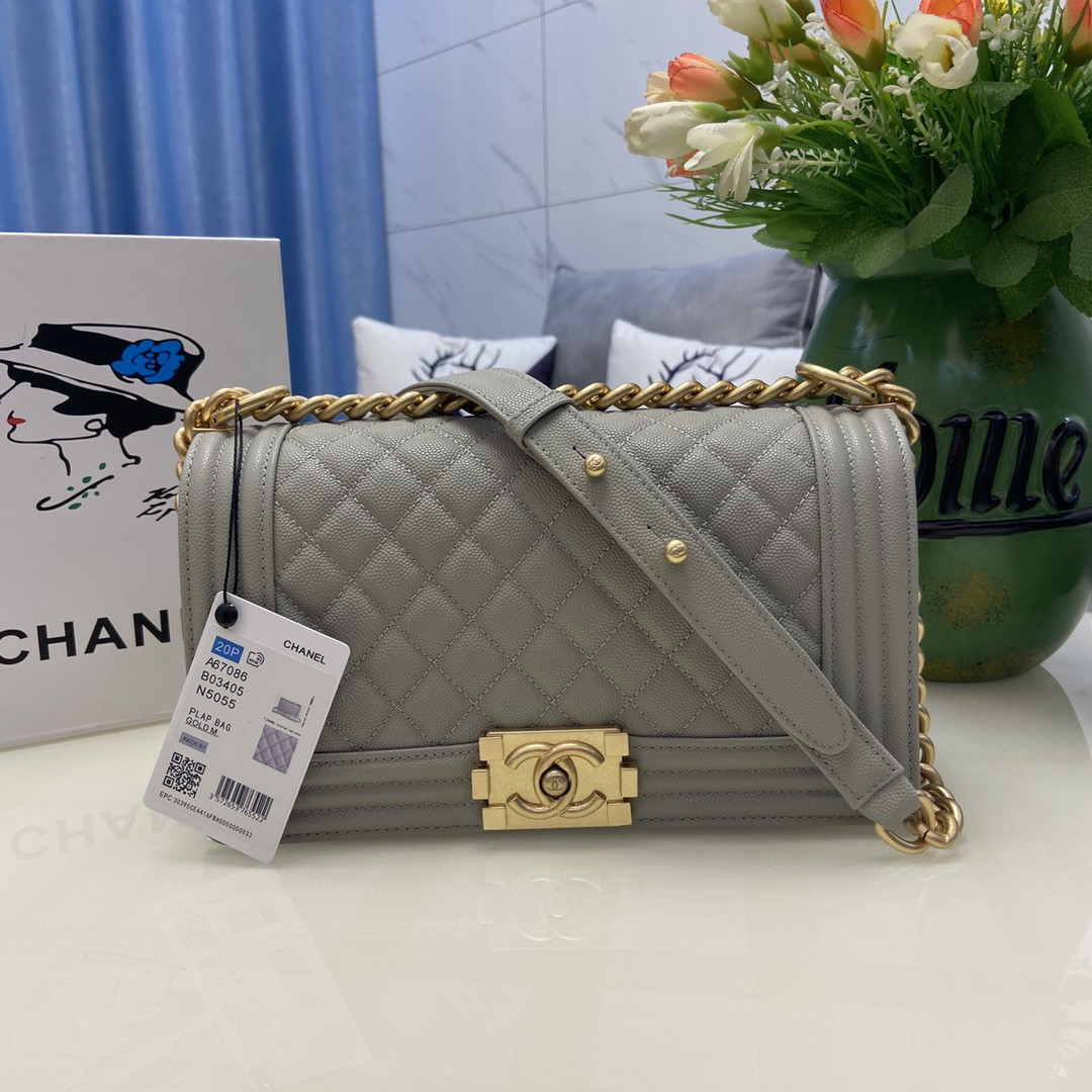 BOY CHANEL HANDBAG Shiny Grained Calfskin Gold-Tone Metal Gray 5.9 × 9.8 × 3.5 in