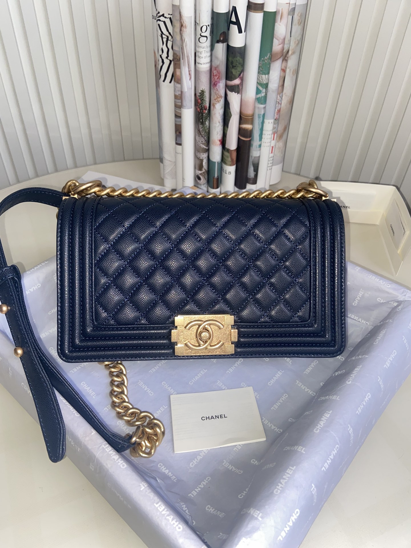 BOY CHANEL HANDBAG Shiny Grained Calfskin Gold-Tone Metal Beige 5.9 × 9.8 × 3.5 in