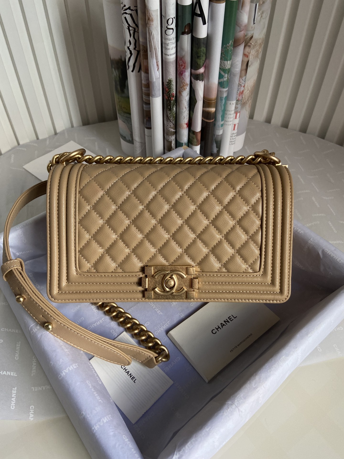 BOY CHANEL HANDBAG Shiny Grained Calfskin Gold-Tone Metal Navy 5.9 × 9.8 × 3.5 in