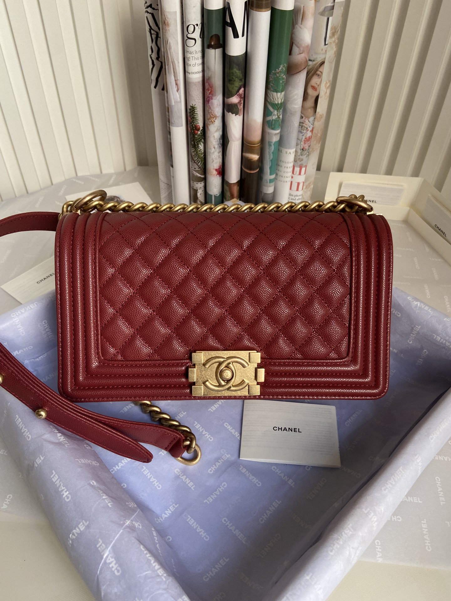 BOY CHANEL HANDBAG Shiny Grained Calfskin Gold-Tone Metal Gray 5.9 × 9.8 × 3.5 in
