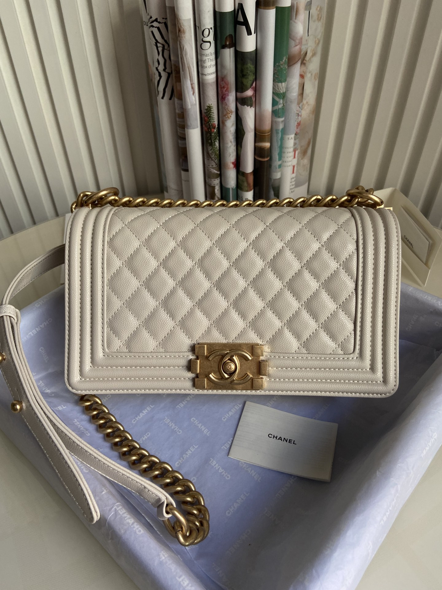BOY CHANEL HANDBAG Shiny Grained Calfskin Silver-Tone Metal Black 5.9 × 9.8 × 3.5 in