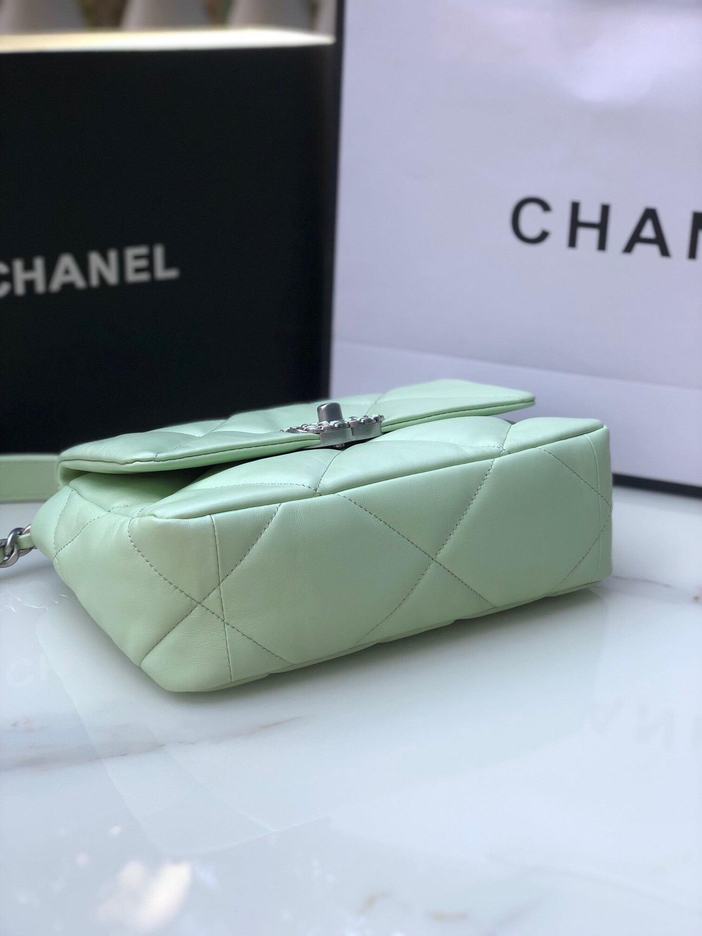 CHANEL 19 HANDBAG Shiny Leather, Gold-Tone, Silver-Tone Ruthenium-Finish Metal Green 6.2 * 10.1 * 3.5 in - Image 5