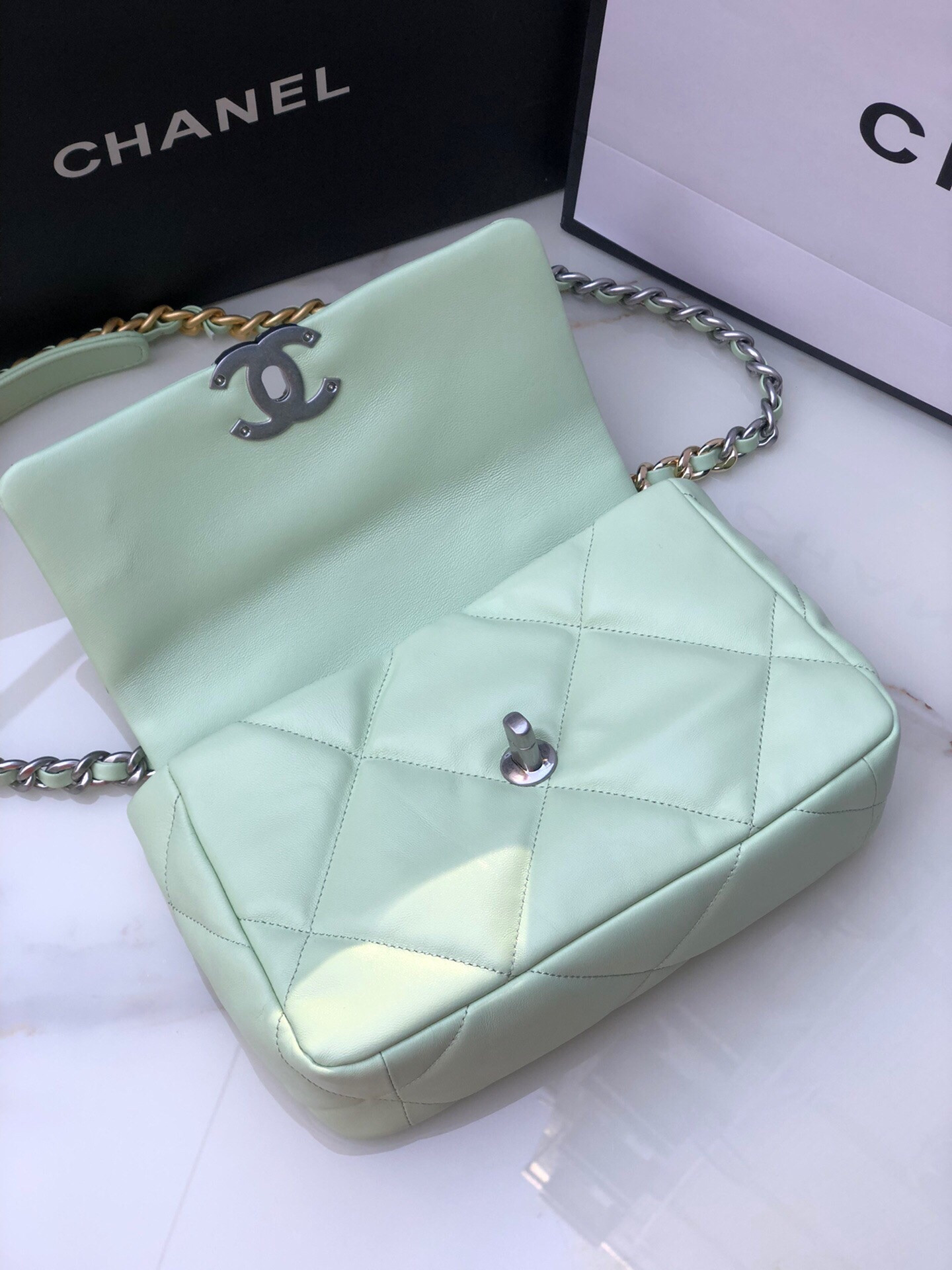 CHANEL 19 HANDBAG Shiny Leather, Gold-Tone, Silver-Tone Ruthenium-Finish Metal Green 6.2 * 10.1 * 3.5 in - Image 7