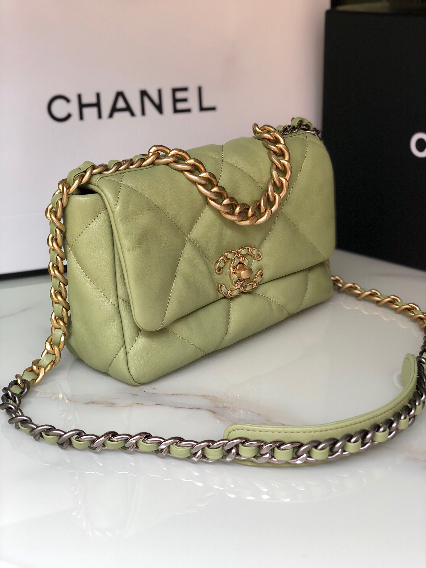 CHANEL 19 HANDBAG Shiny Leather, Gold-Tone, Silver-Tone Ruthenium-Finish Metal Light Green 6.2 * 10.1 * 3.5 in - Image 3