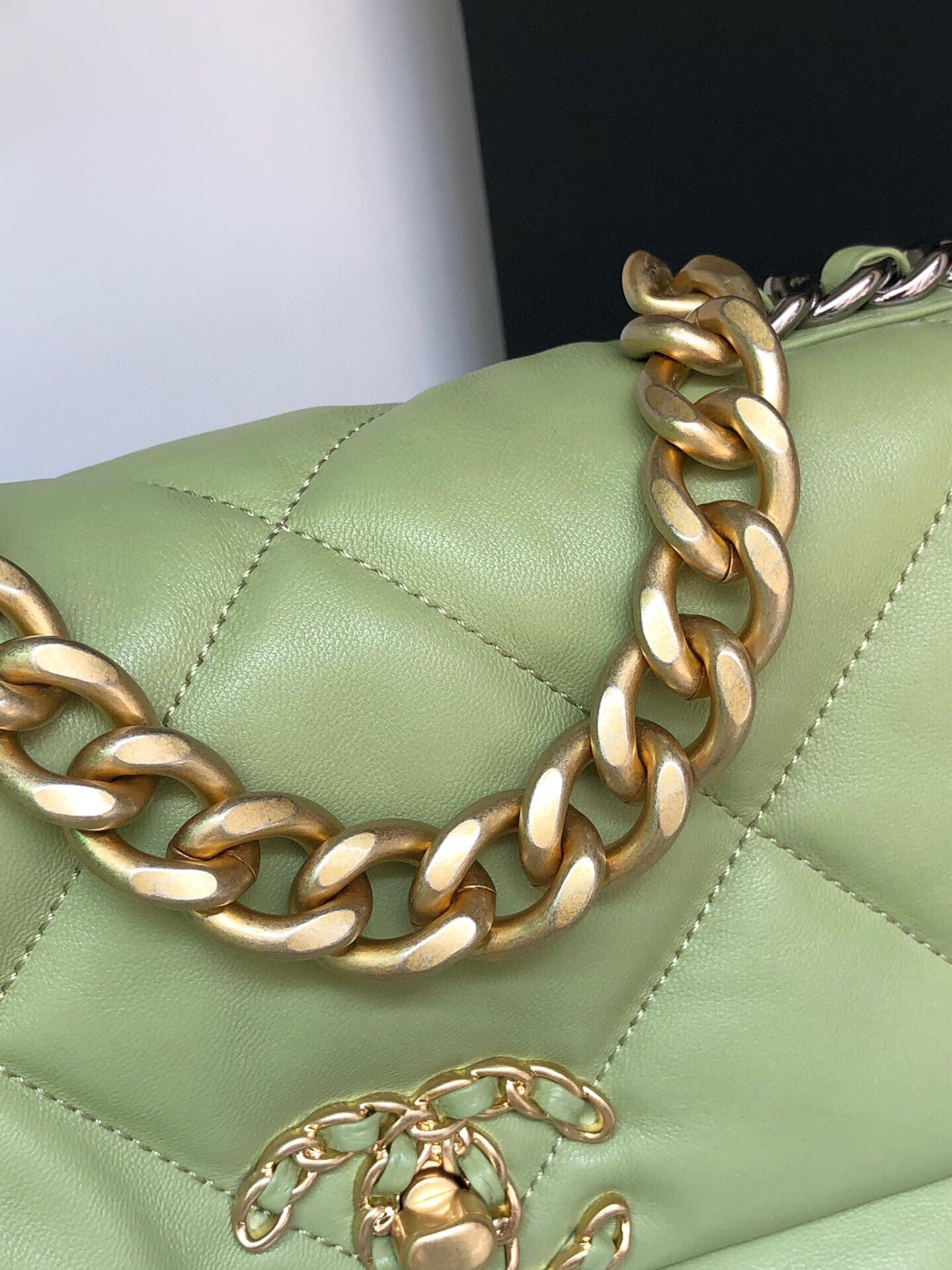 CHANEL 19 HANDBAG Shiny Leather, Gold-Tone, Silver-Tone Ruthenium-Finish Metal Light Green 6.2 * 10.1 * 3.5 in - Image 4