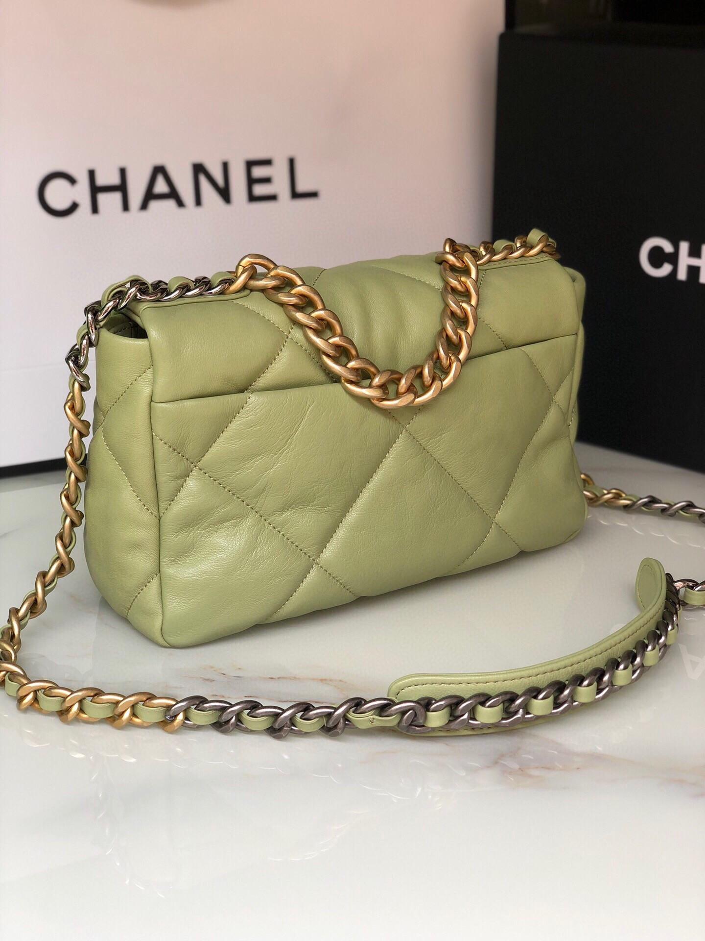 CHANEL 19 HANDBAG Shiny Leather, Gold-Tone, Silver-Tone Ruthenium-Finish Metal Light Green 6.2 * 10.1 * 3.5 in - Image 5