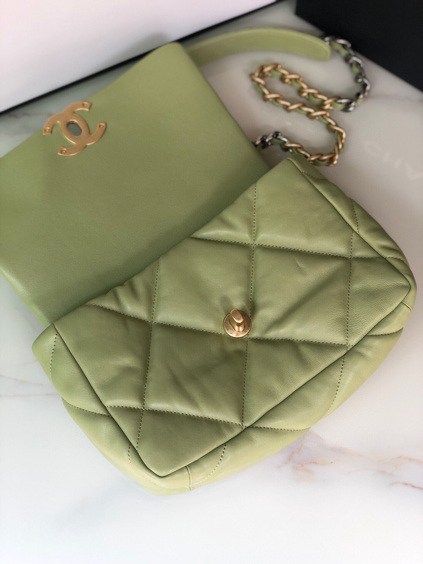 CHANEL 19 HANDBAG Shiny Leather, Gold-Tone, Silver-Tone Ruthenium-Finish Metal Light Green 6.2 * 10.1 * 3.5 in - Image 8