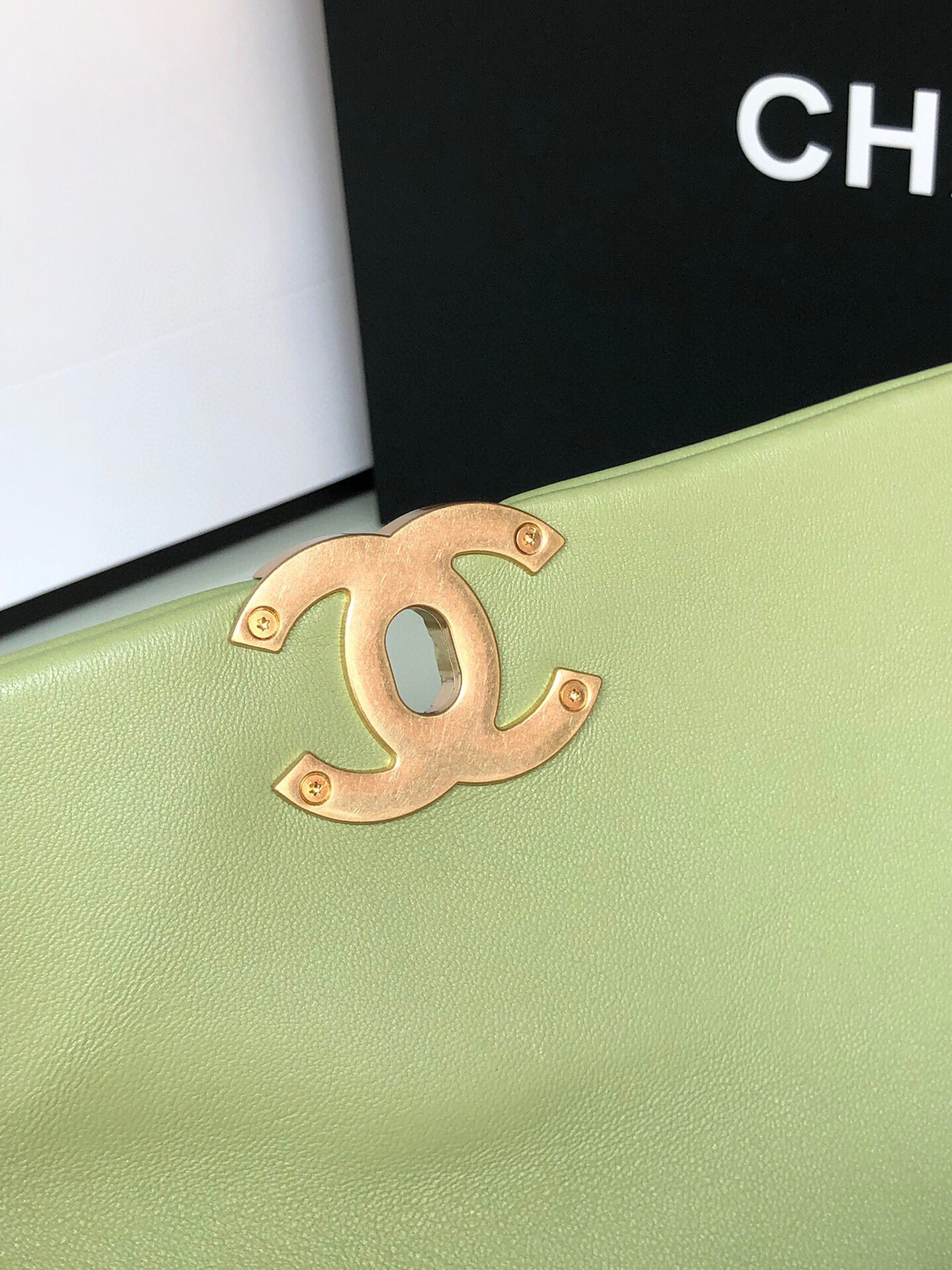 CHANEL 19 HANDBAG Shiny Leather, Gold-Tone, Silver-Tone Ruthenium-Finish Metal Light Green 6.2 * 10.1 * 3.5 in - Image 10