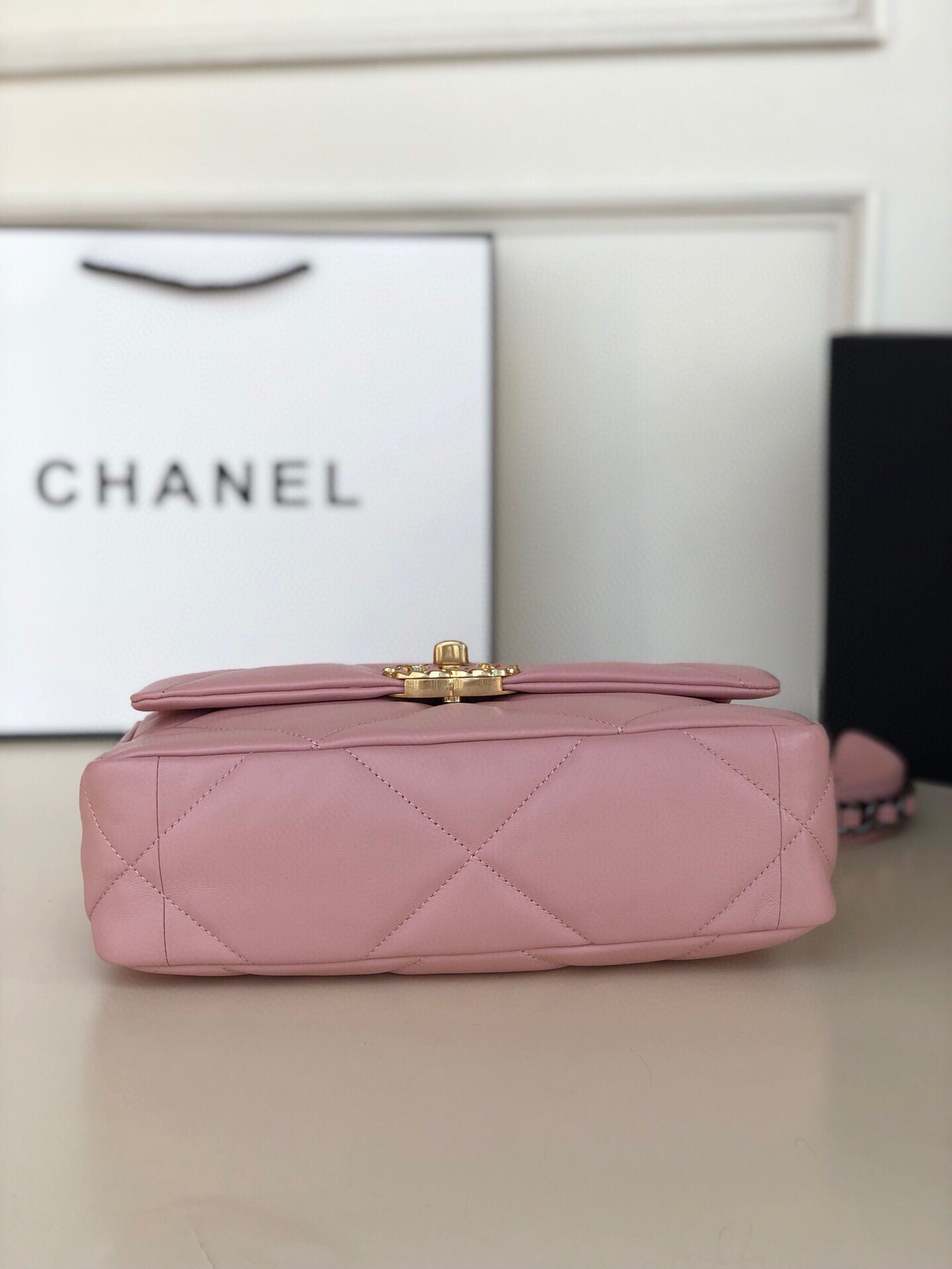 CHANEL 19 HANDBAG Shiny Leather, Gold-Tone, Silver-Tone Ruthenium-Finish Metal Light Pink 6.2 * 10.1 * 3.5 in - Image 5