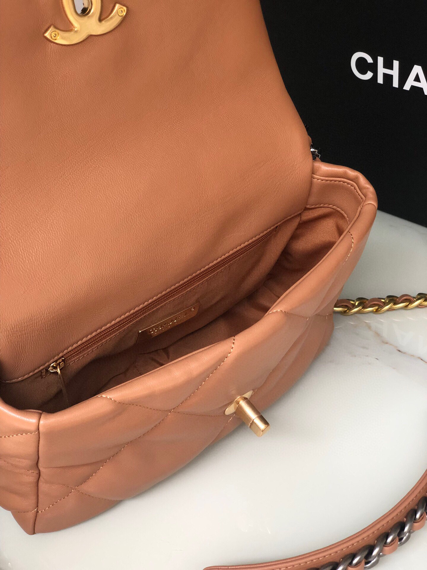 CHANEL 19 HANDBAG Shiny Leather, Gold-Tone, Silver-Tone Ruthenium-Finish Metal Caramel 6.2 * 10.1 * 3.5 in - Image 9