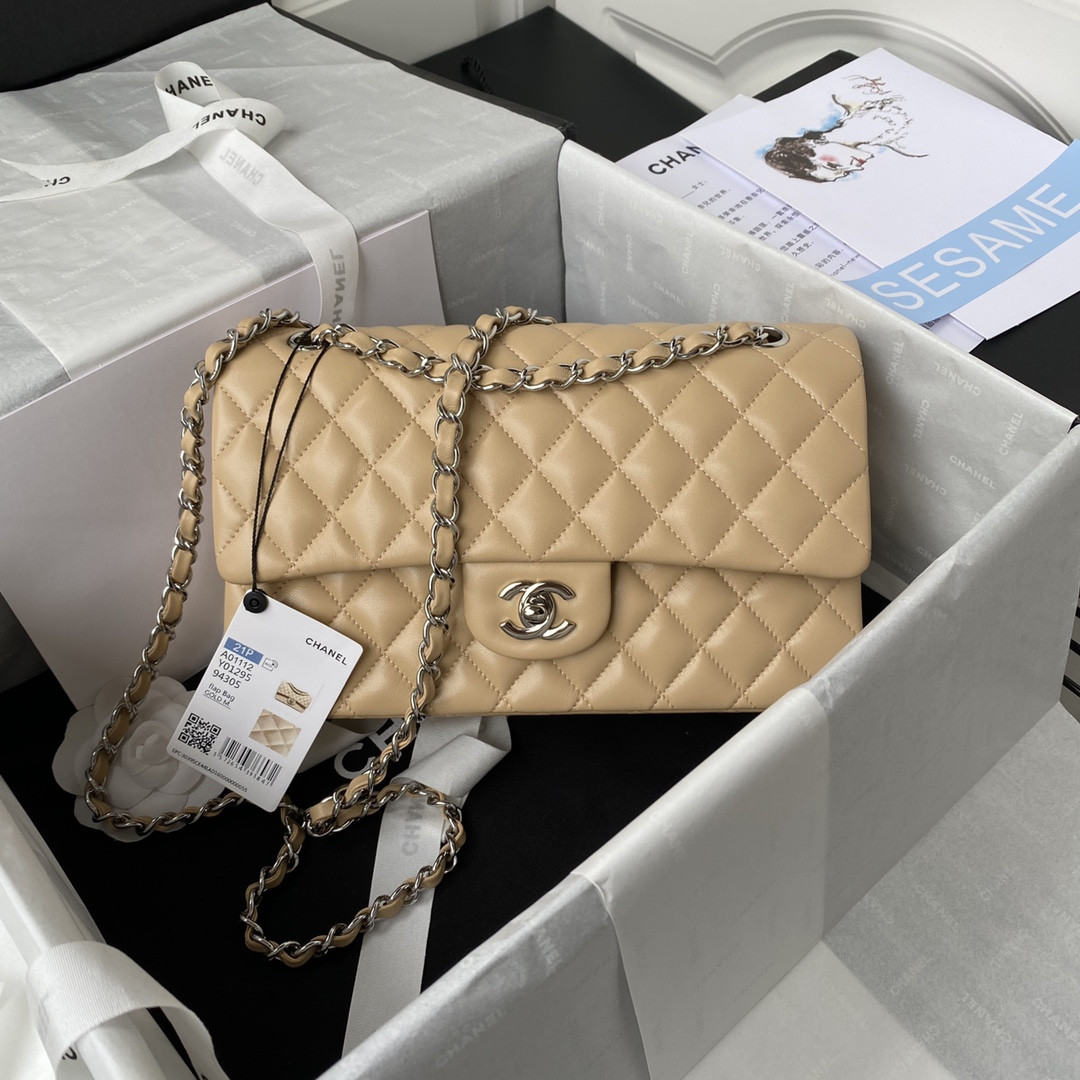 CHANEL CLASSIC HANDBAG GRAINED SHINY CALFSKIN SILVER-TONE METAL COFFEE 6 × 9.9 × 2.5 in
