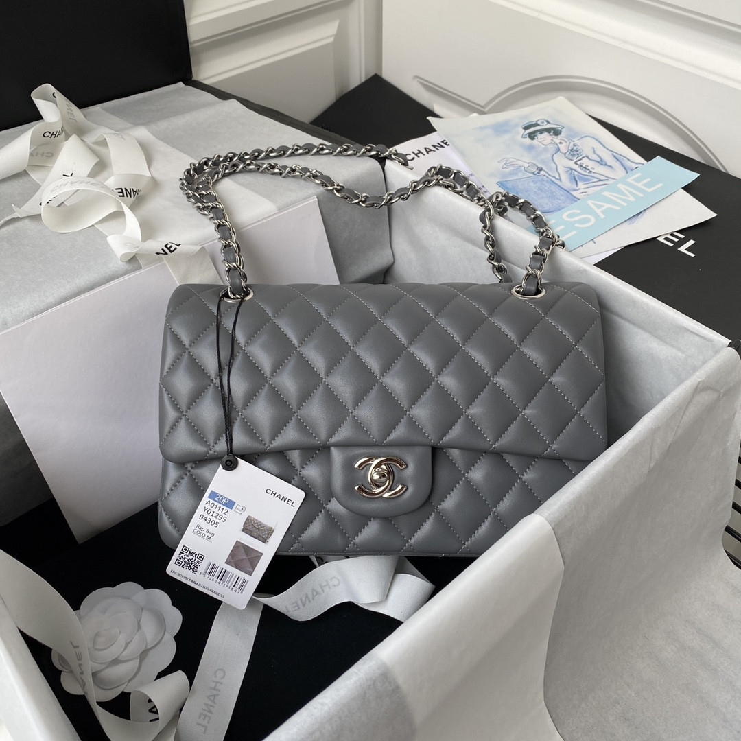 CHANEL CLASSIC HANDBAG GRAINED CALFSKIN SILVER-TONE METAL GRAY 6 × 9.9 × 2.5 in