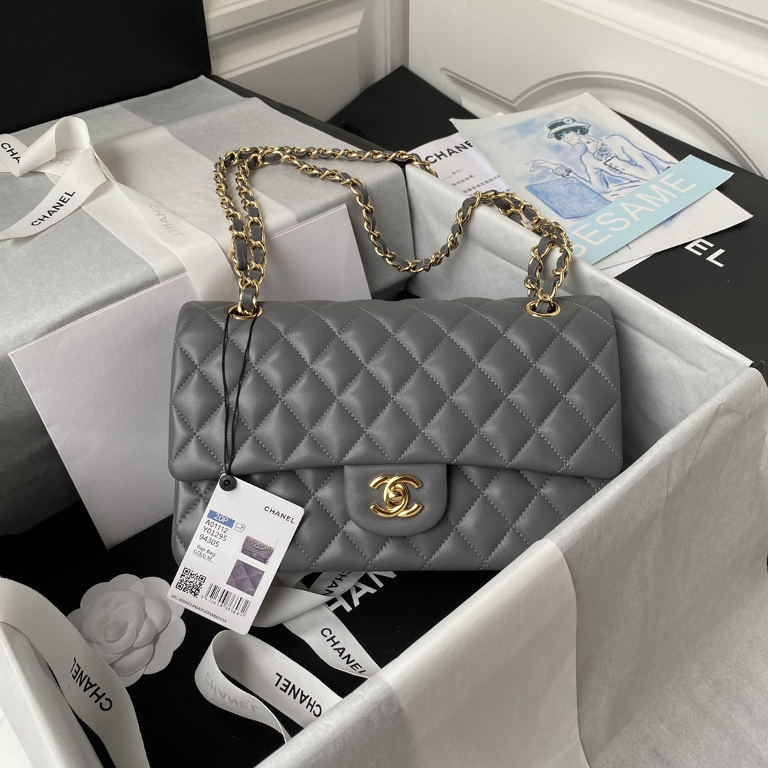 CHANEL CLASSIC HANDBAG GRAINED CALFSKIN GOLD-TONE METAL GRAY 6 × 9.9 × 2.5 in