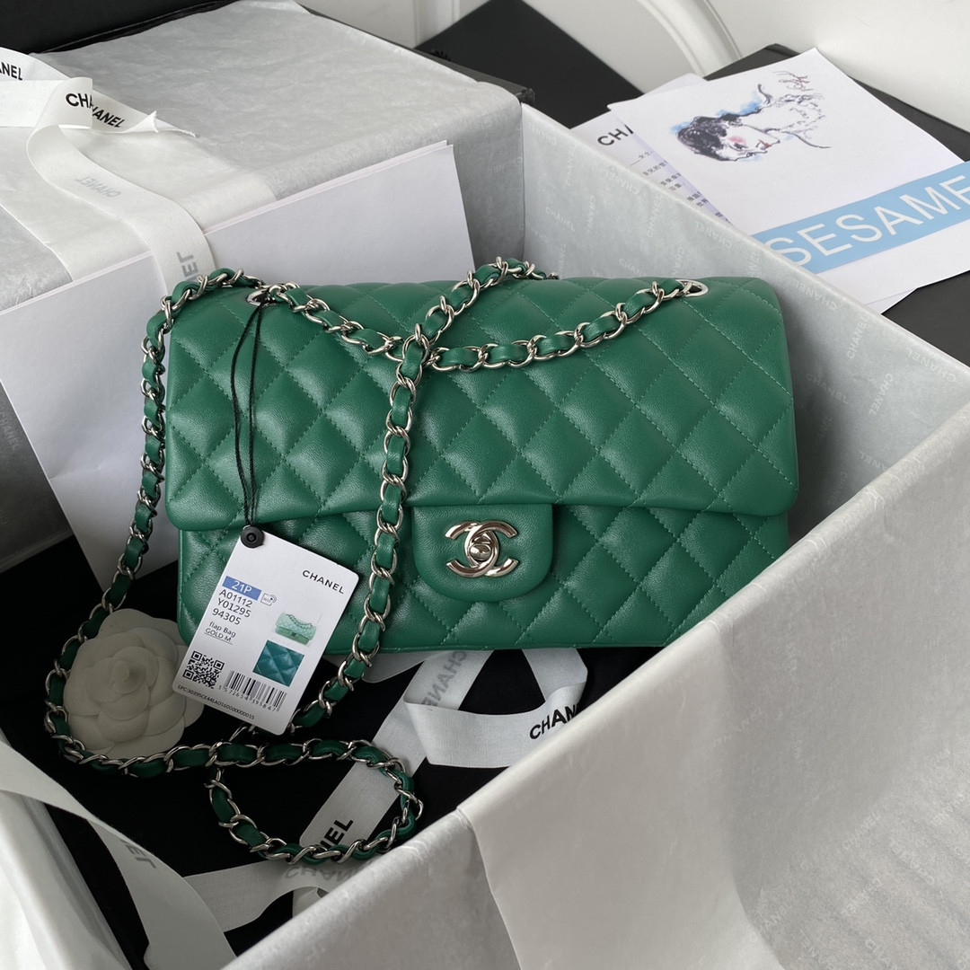 CHANEL CLASSIC HANDBAG GRAINED SHINY CALFSKIN SILVER-TONE METAL GREEN 6 × 9.9 × 2.5 in