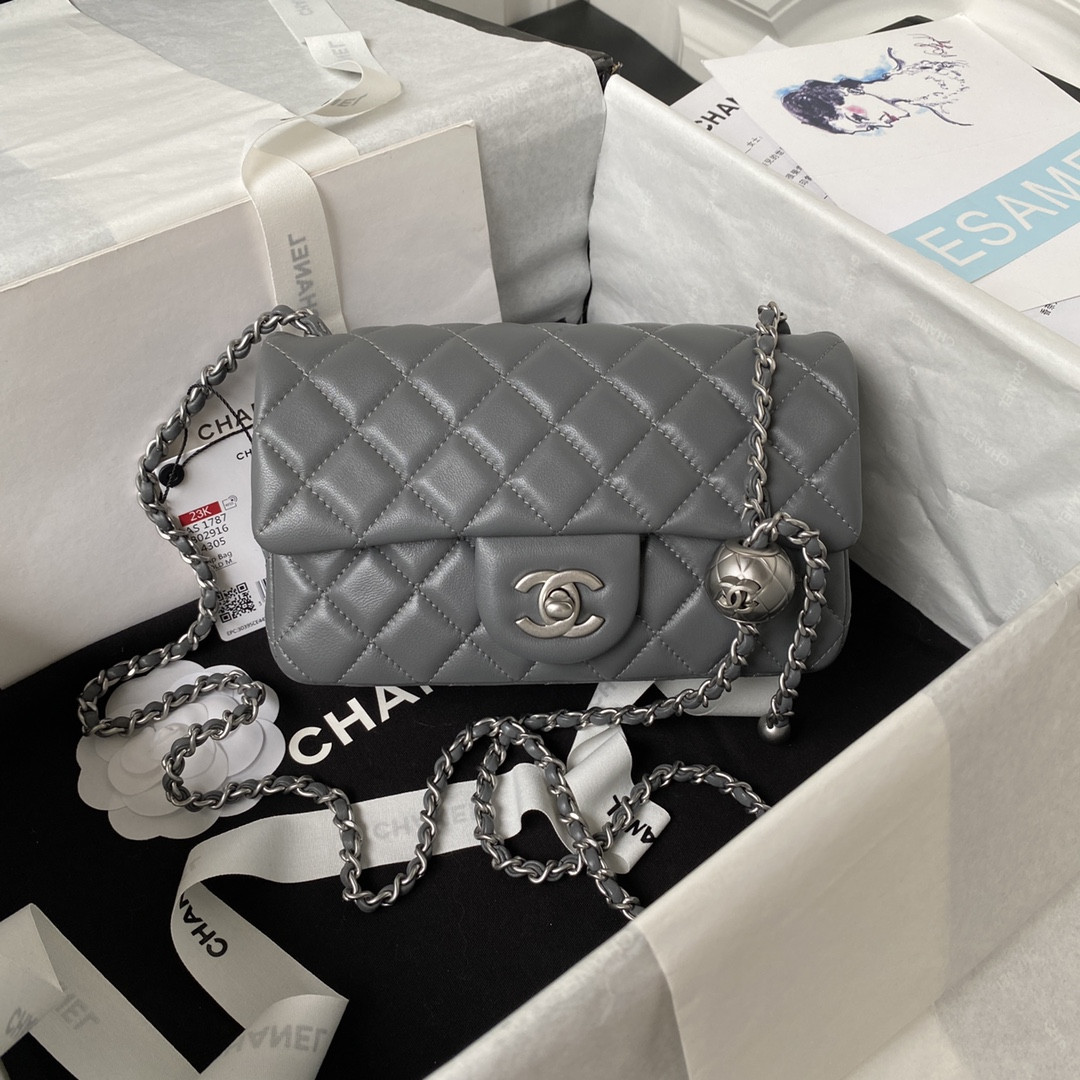 CHANEL MINI FLAP BAG SHINY CALFSKIN SILVER-TONE METAL GRAY 4.7 × 7.8 × 2.3 in - Image 2