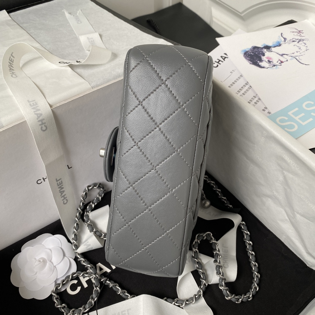 CHANEL MINI FLAP BAG SHINY CALFSKIN SILVER-TONE METAL GRAY 4.7 × 7.8 × 2.3 in - Image 7