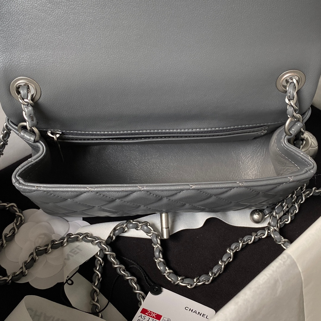 CHANEL MINI FLAP BAG SHINY CALFSKIN SILVER-TONE METAL GRAY 4.7 × 7.8 × 2.3 in - Image 10