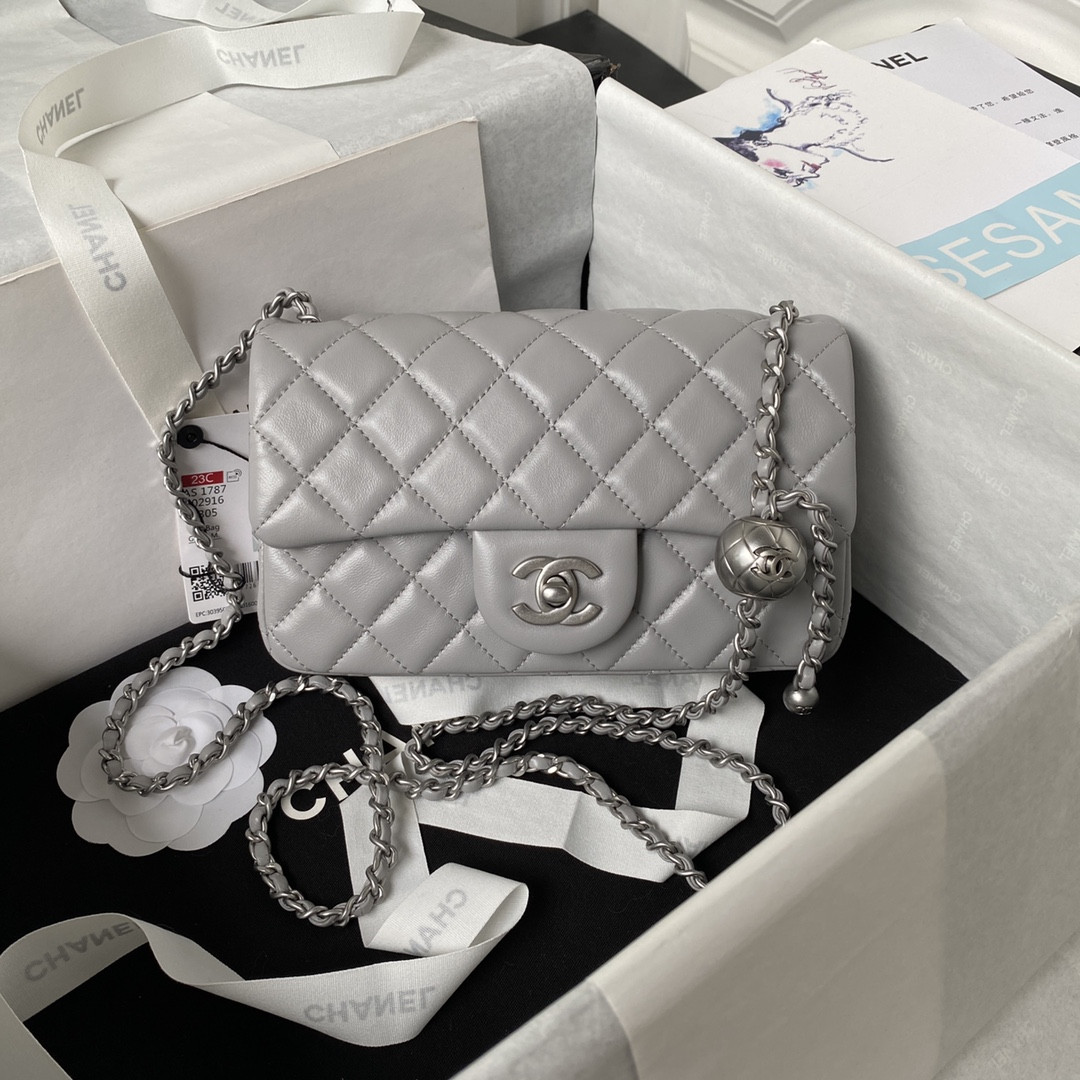 CHANEL MINI FLAP BAG SHINY CALFSKIN SILVER-TONE METAL LIGHT GRAY 4.7 × 7.8 × 2.3 in