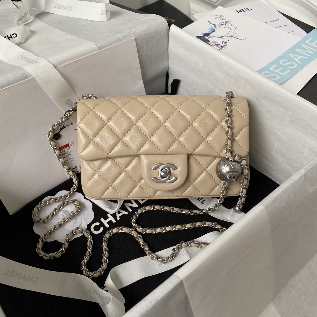 CHANEL MINI FLAP BAG SHINY CALFSKIN SILVER-TONE METAL LIGHT beige 4.7 × 7.8 × 2.3 in