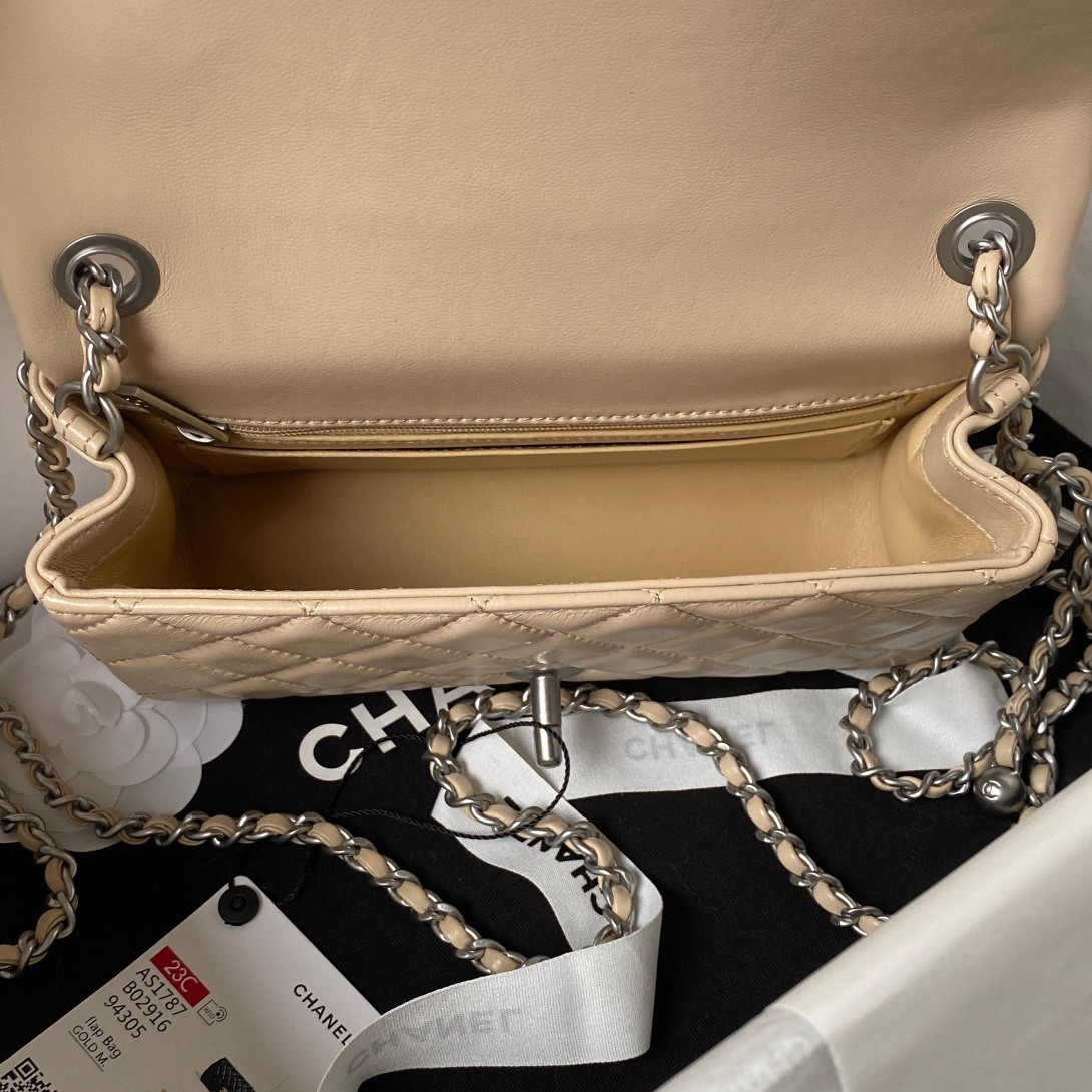 CHANEL MINI FLAP BAG SHINY CALFSKIN SILVER-TONE METAL LIGHT beige 4.7 × 7.8 × 2.3 in - Image 7