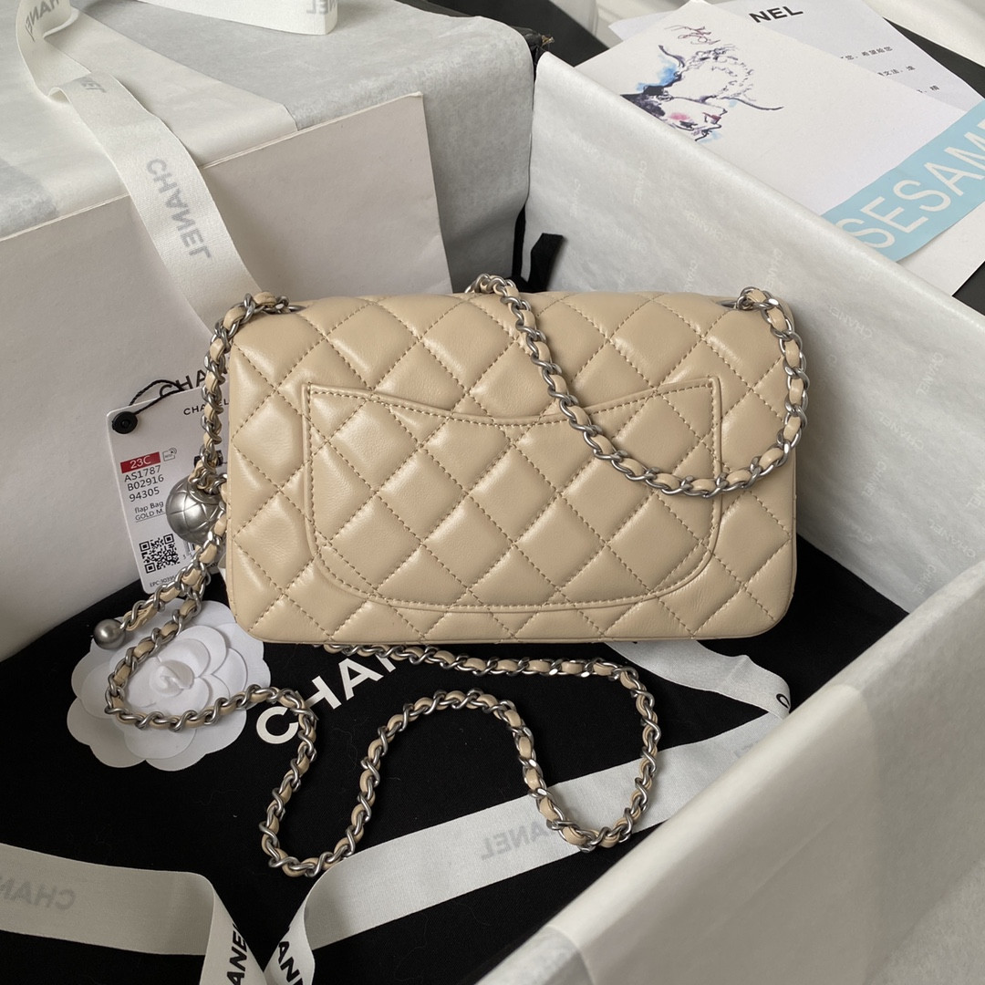 CHANEL MINI FLAP BAG SHINY CALFSKIN SILVER-TONE METAL LIGHT beige 4.7 × 7.8 × 2.3 in - Image 10