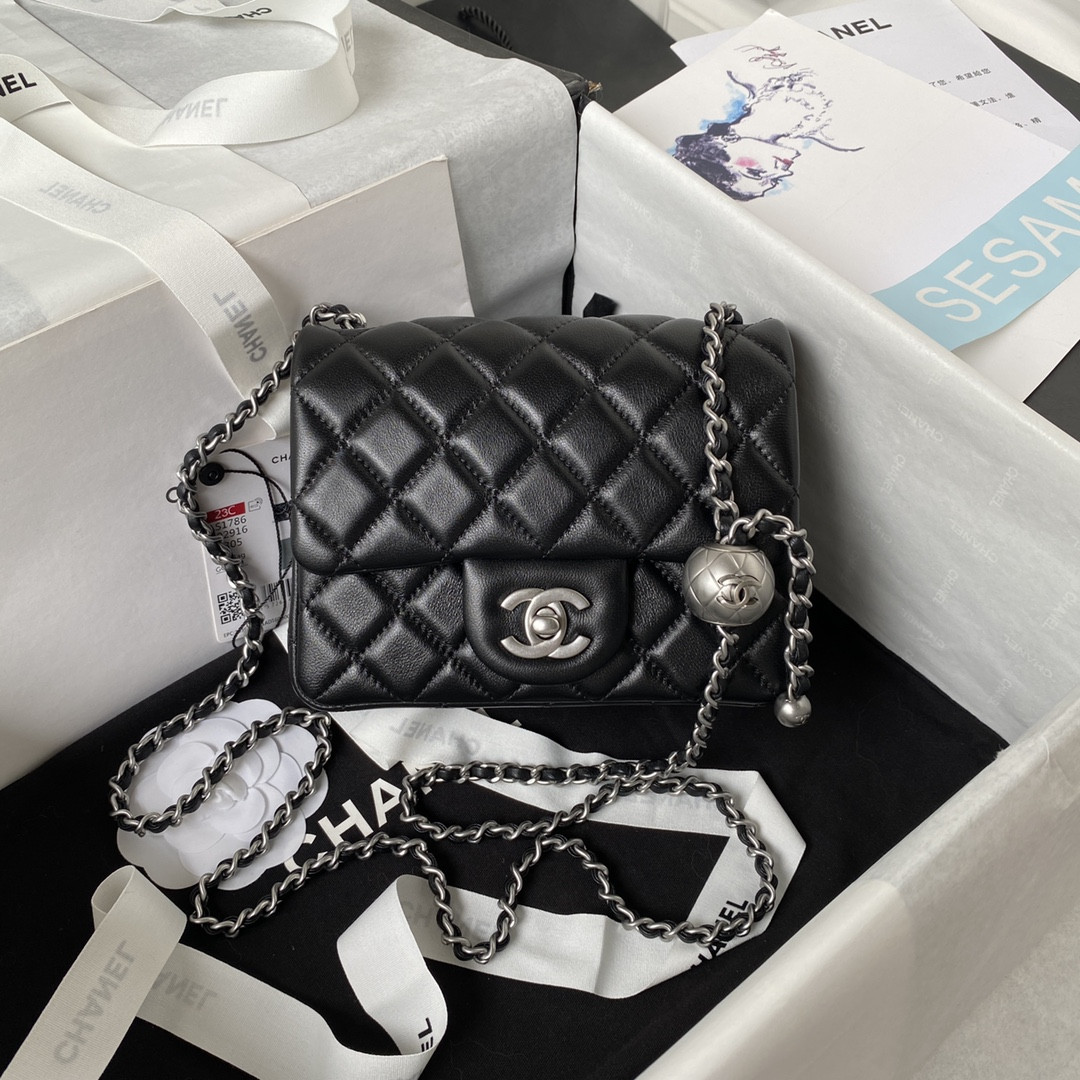 CHANEL MINI FLAP BAG SHINY CALFSKIN SILVER-Tone METAL BLACK 5.3 × 6.6 × 3.1 in