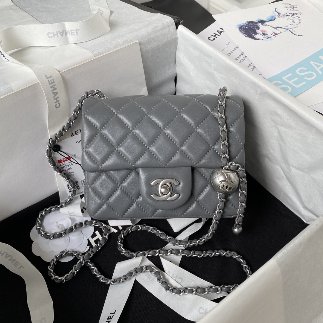 CHANEL MINI FLAP BAG SHINY CALFSKIN SILVER-Tone METAL GRAY 5.3 × 6.6 × 3.1 in