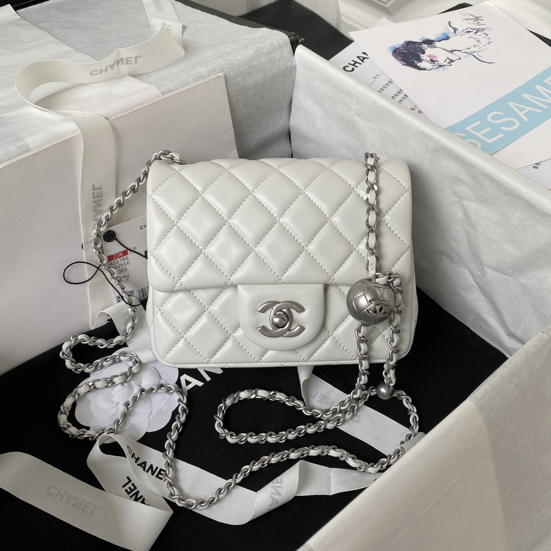 CHANEL MINI FLAP BAG SHINY CALFSKIN SILVER-Tone METAL WHITE 5.3 × 6.6 × 3.1 in - Image 2