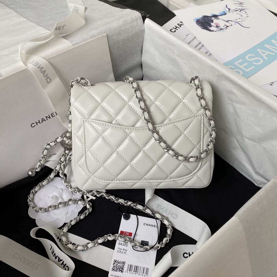CHANEL MINI FLAP BAG SHINY CALFSKIN SILVER-Tone METAL WHITE 5.3 × 6.6 × 3.1 in - Image 3