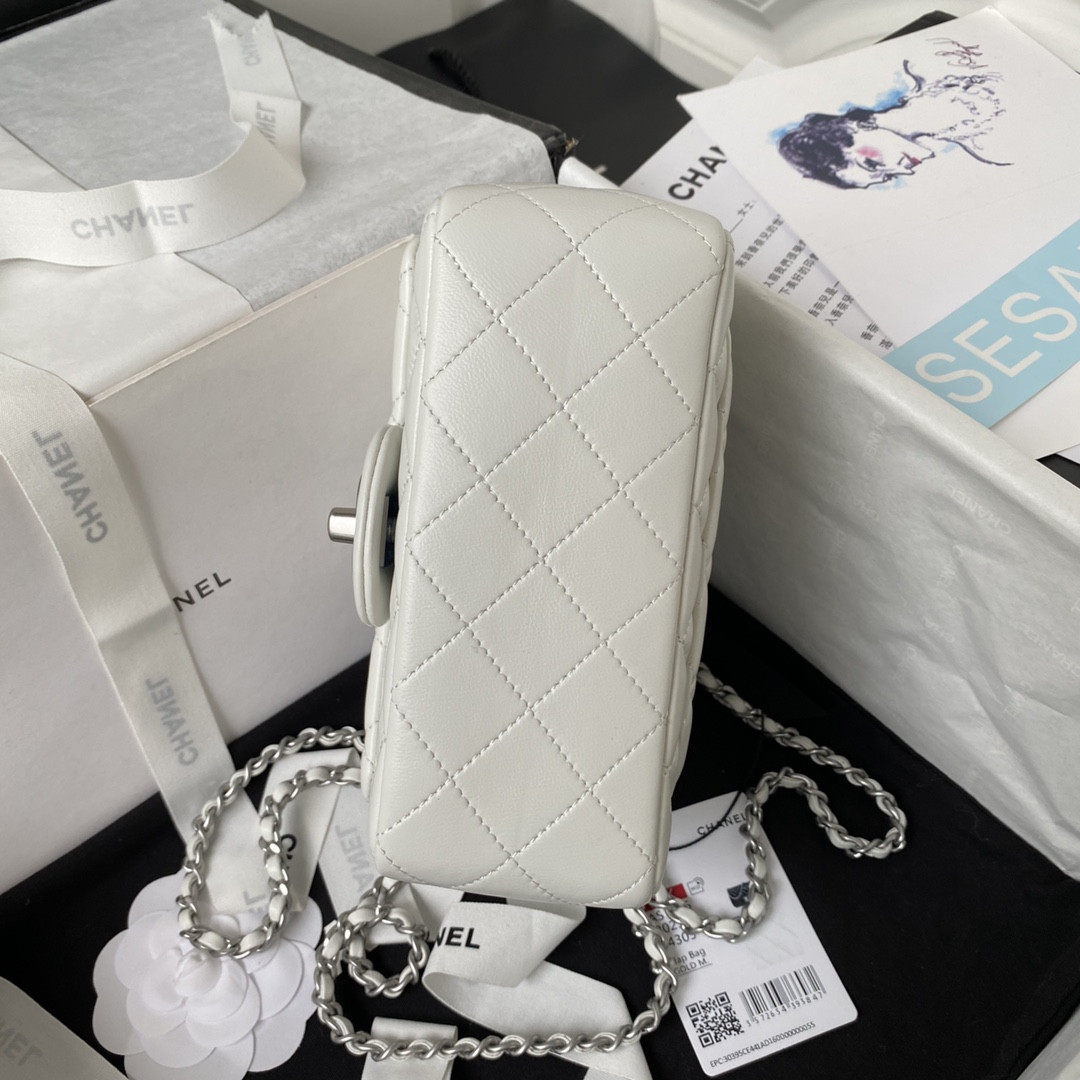 CHANEL MINI FLAP BAG SHINY CALFSKIN SILVER-Tone METAL WHITE 5.3 × 6.6 × 3.1 in - Image 6