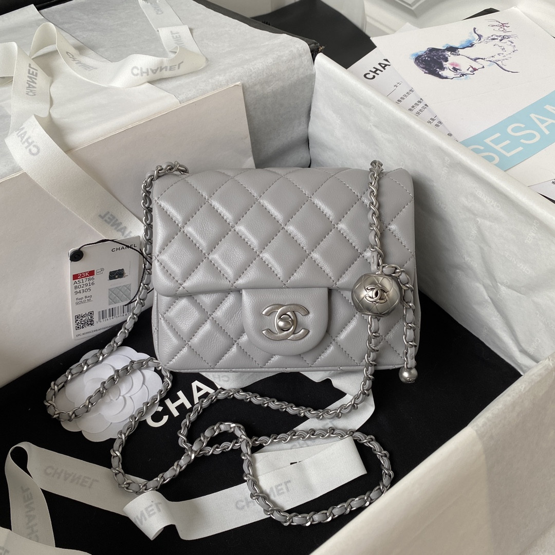 CHANEL MINI FLAP BAG SHINY CALFSKIN SILVER-Tone METAL LIGHT GRAY 5.3 × 6.6 × 3.1 in