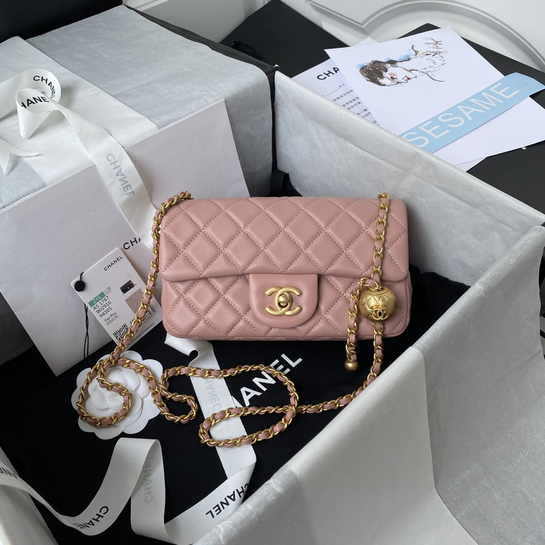 CHANEL MINI FLAP BAG SHINY CALFSKIN gold-TONE METAL PINK 4.7 × 7.8 × 2.3 in