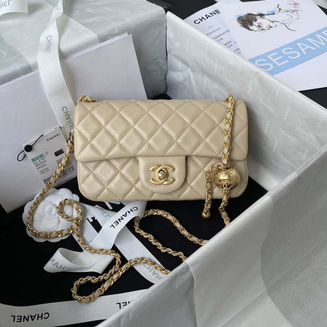 CHANEL MINI FLAP BAG SHINY CALFSKIN gold-TONE METAL LIGHT beige 4.7 × 7.8 × 2.3 in