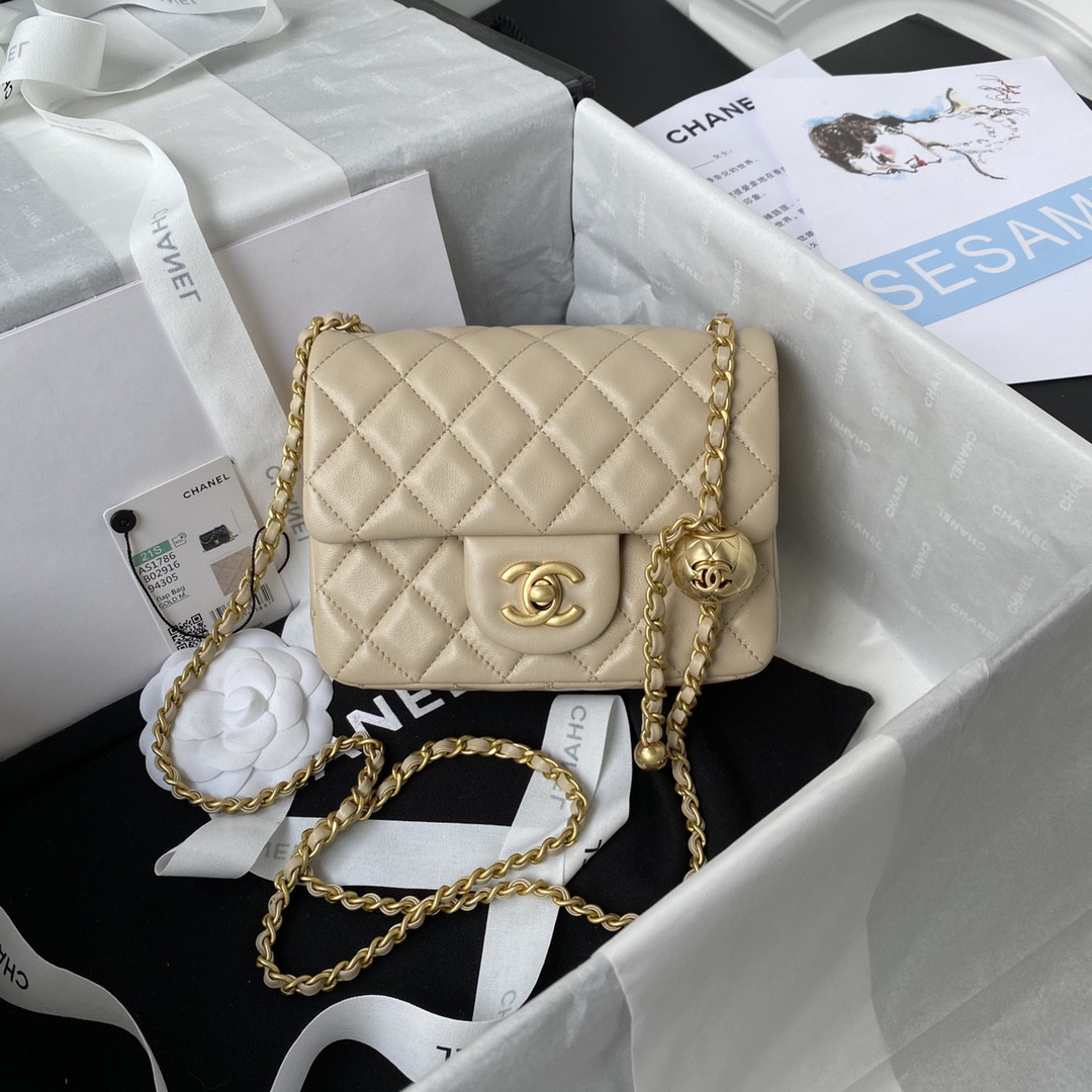 CHANEL MINI FLAP BAG SHINY CALFSKIN Gold-Tone METAL Beige 5.3 × 6.6 × 3.1 in