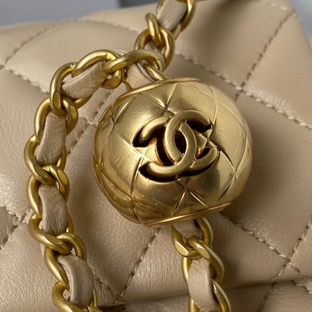 CHANEL MINI FLAP BAG SHINY CALFSKIN Gold-Tone METAL Beige 5.3 × 6.6 × 3.1 in - Image 5