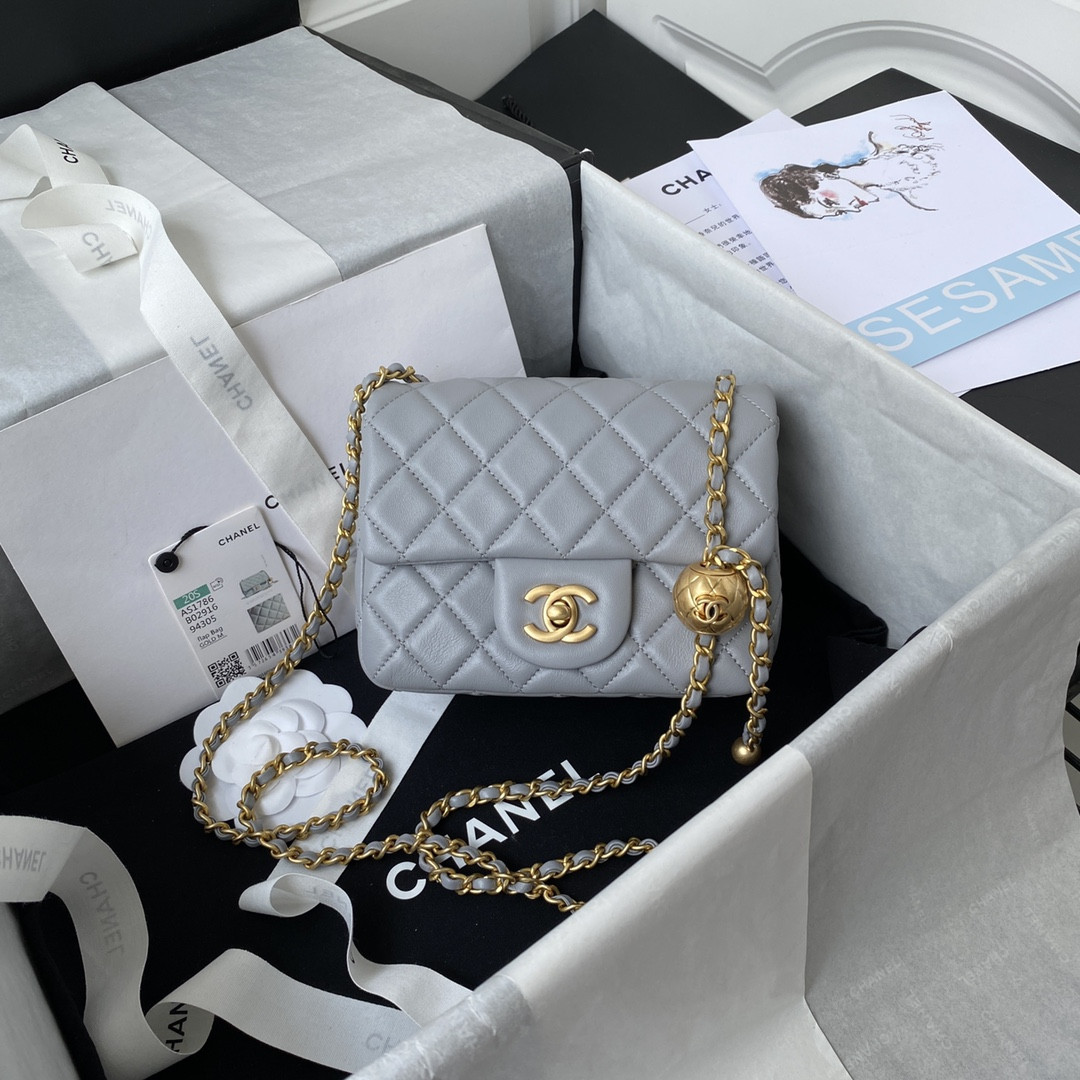 CHANEL MINI FLAP BAG SHINY CALFSKIN Gold-Tone METAL LIGHT BLUE 5.3 × 6.6 × 3.1 in