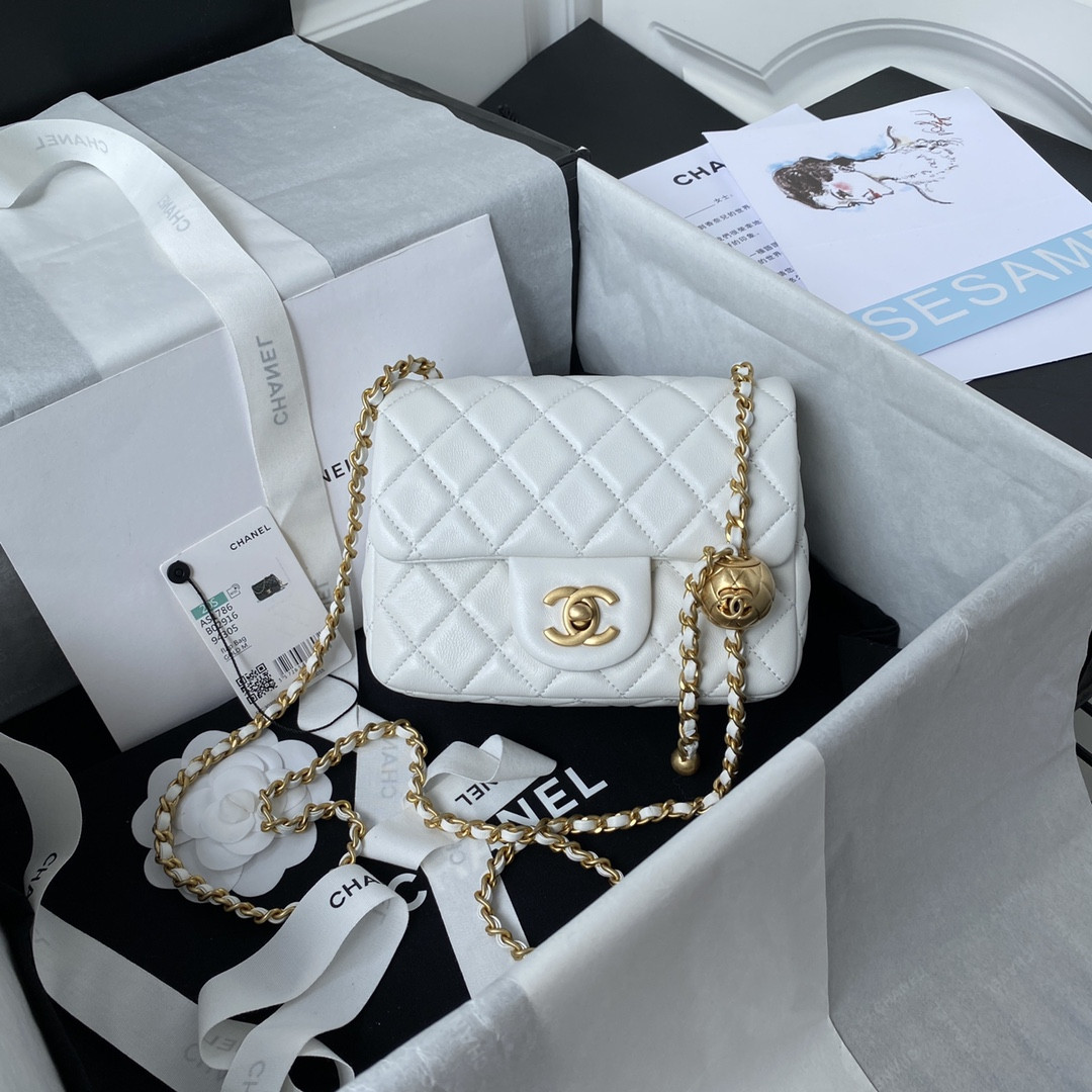 CHANEL MINI FLAP BAG SHINY CALFSKIN Gold-Tone METAL WHITE 5.3 × 6.6 × 3.1 in