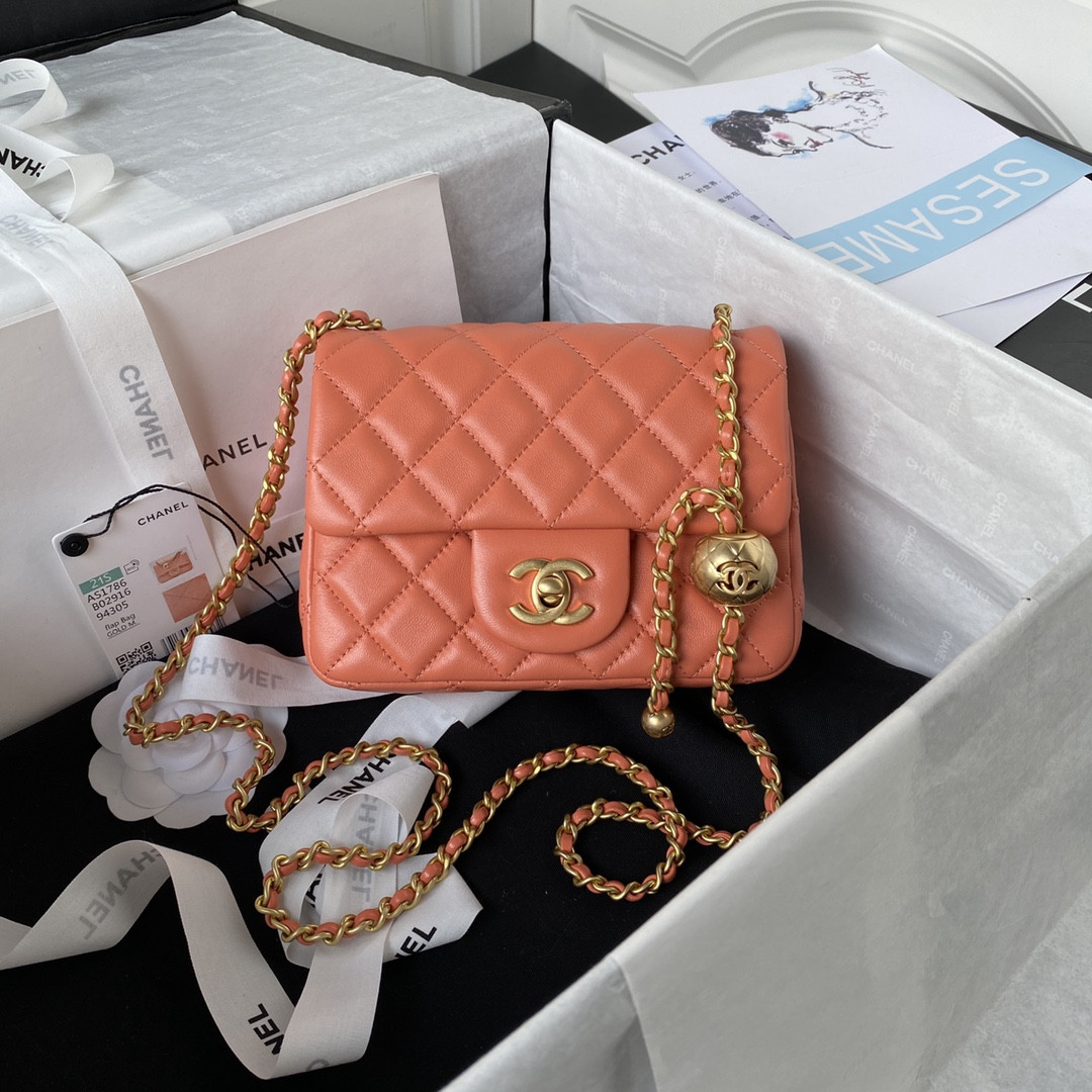 CHANEL MINI FLAP BAG SHINY CALFSKIN Gold-Tone METAL ORANGE 5.3 × 6.6 × 3.1 in - Image 2